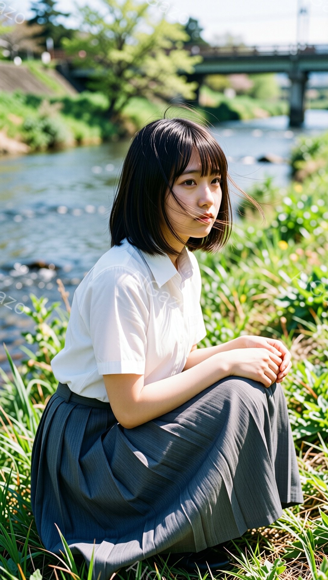 短い黒髪の少女が、白いシャツとグレーのプリーツスカートを着て、草むらの中にうずくまっている。彼女は少し上目遣いで、どこか物憂げな表情をしている。背景には川と緑豊かな風景が広がり、橋が見える。