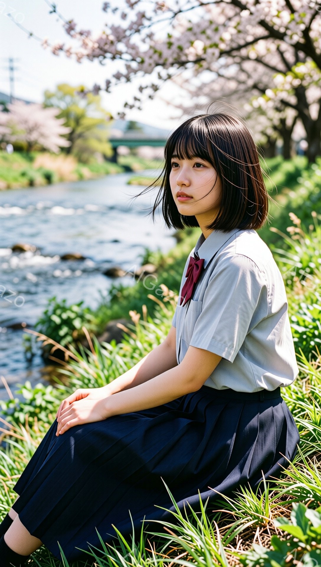 黒髪のショートヘアの女性が、水色のシャツと紺色のプリーツスカート、赤いリボンを着用し、緑豊かな草むらのそばに座っています。彼女はややうつむき加減で、遠くを見つめており、物憂げな表情を浮かべています。背 - AI生成フリー素材