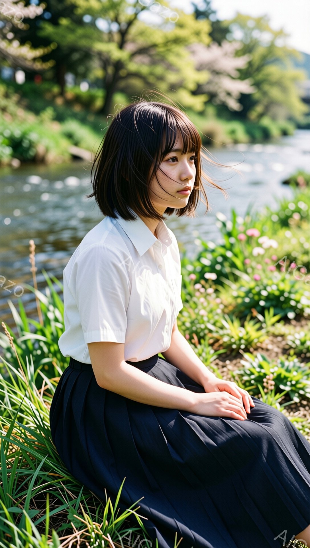 短い黒髪の女性が、緑豊かな草むらの上に座って遠くを見つめている。白いシャツと黒いプリーツスカートを身につけ、リラックスした姿勢で両手を膝の上に重ねている。背景には川が流れ、桜の木々が咲き誇り、穏やかで春らしい雰囲気が漂っている。