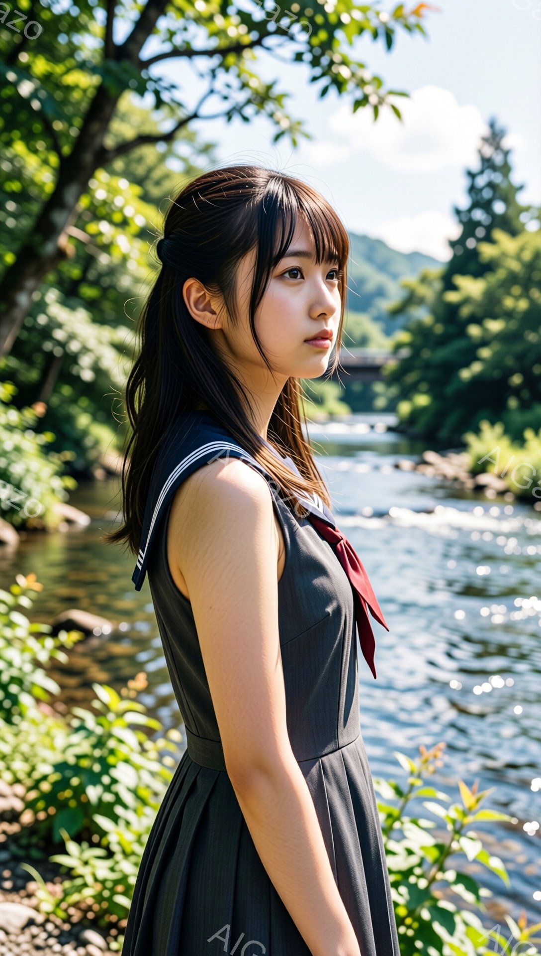 画像には、制服を着た若い女性が写っています。彼女は黒いワンピースに赤いリボンタイを締め、肩まで伸びた黒髪は少しカールしています。背景には、緑豊かな木々と澄んだ川が広がり、晴れた日の穏やかな雰囲気が漂っています。