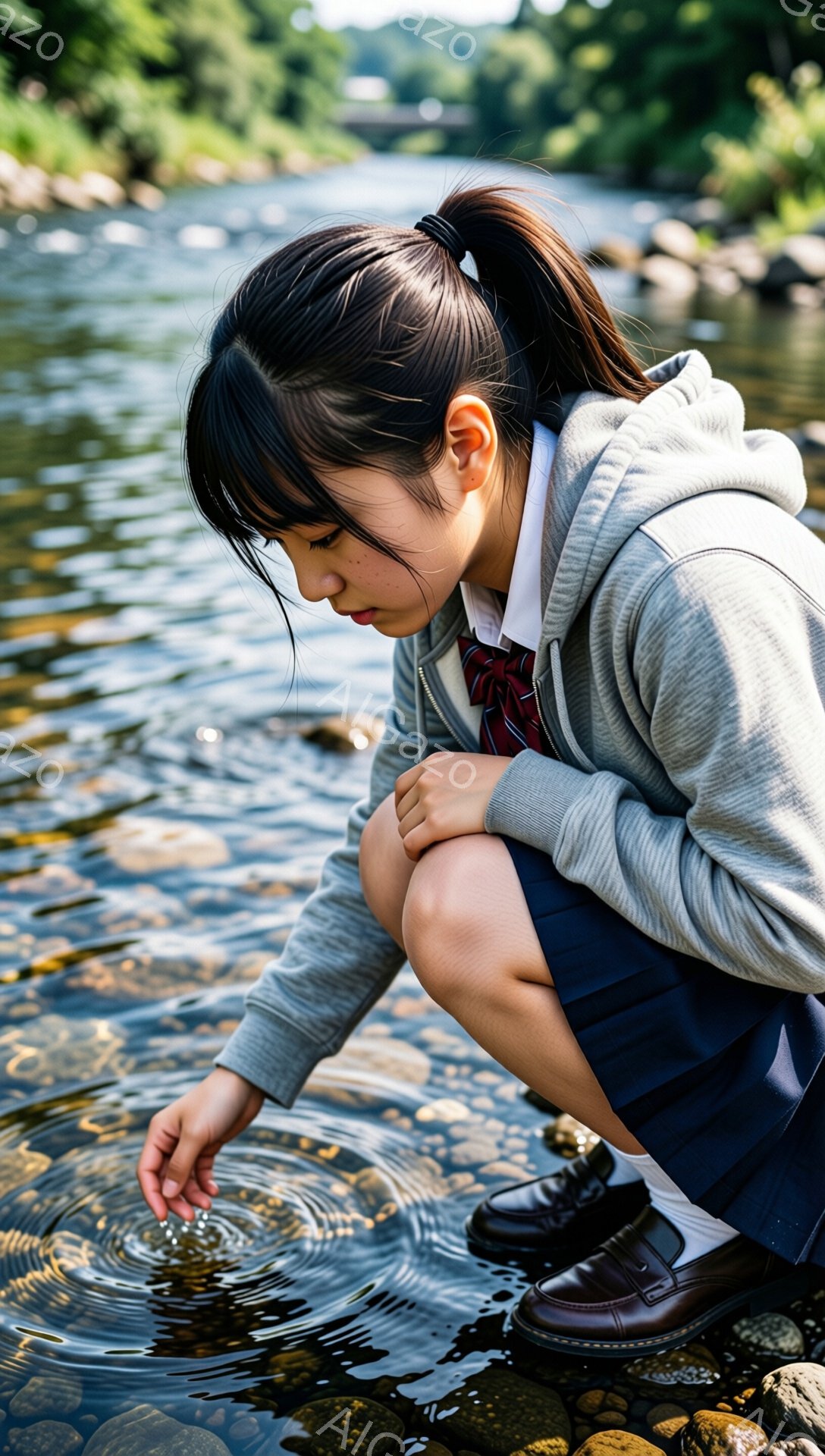 制服を着た若い女性が、膝をついて川に手を伸ばしている。彼女は灰色のパーカー、濃い青色のスカート、白い靴下、黒いローファーを履いており、髪はポニーテールに結ばれている。背景には緑豊かな木々や水面が広がり - AI生成フリー素材