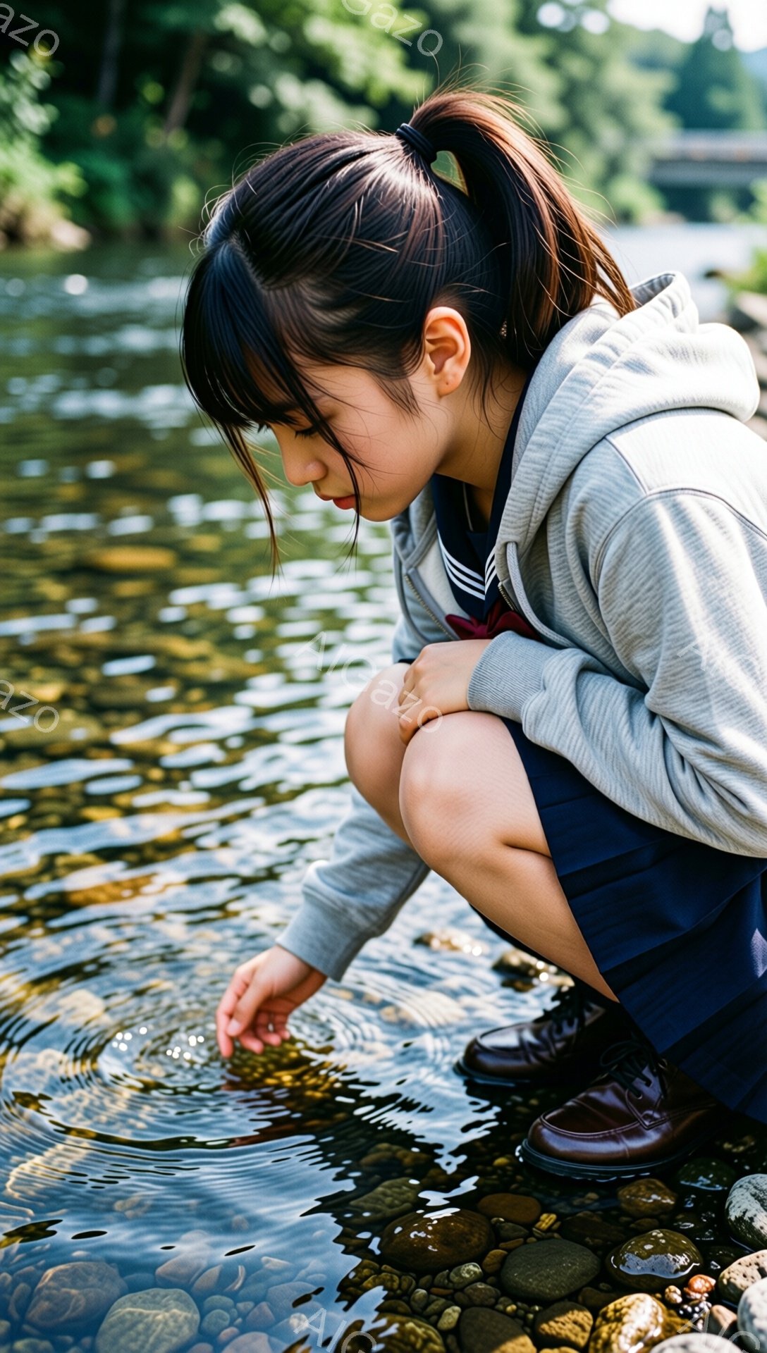 少女は、制服姿で川岸に膝をつき、水面に指を触れようとしている。彼女は濃い色の長い髪を後ろで一つにまとめ、ややうつむき加減で水面を見つめている。背景には緑豊かな自然が広がり、水面は太陽の光を浴びてキラキラと輝いている。