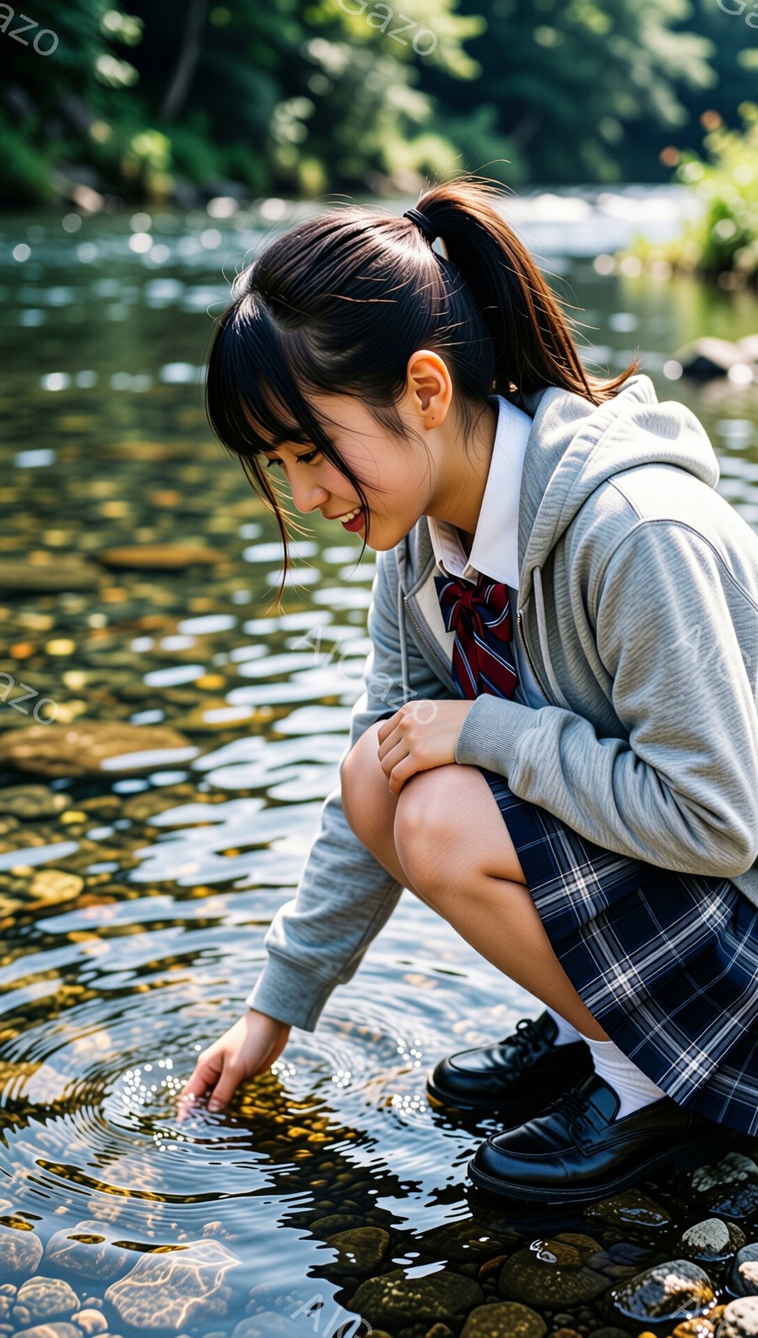 制服を着た若い女性が、ひざまずいて川に手を伸ばしています。彼女はグレーのパーカーとチェック柄のスカート、そして黒い靴を履いており、髪はポニーテールに結ばれています。背景には緑豊かな木々があり、水面には彼女の指が触れたことで波紋が広がっており、穏やかで自然な雰囲気が漂っています。