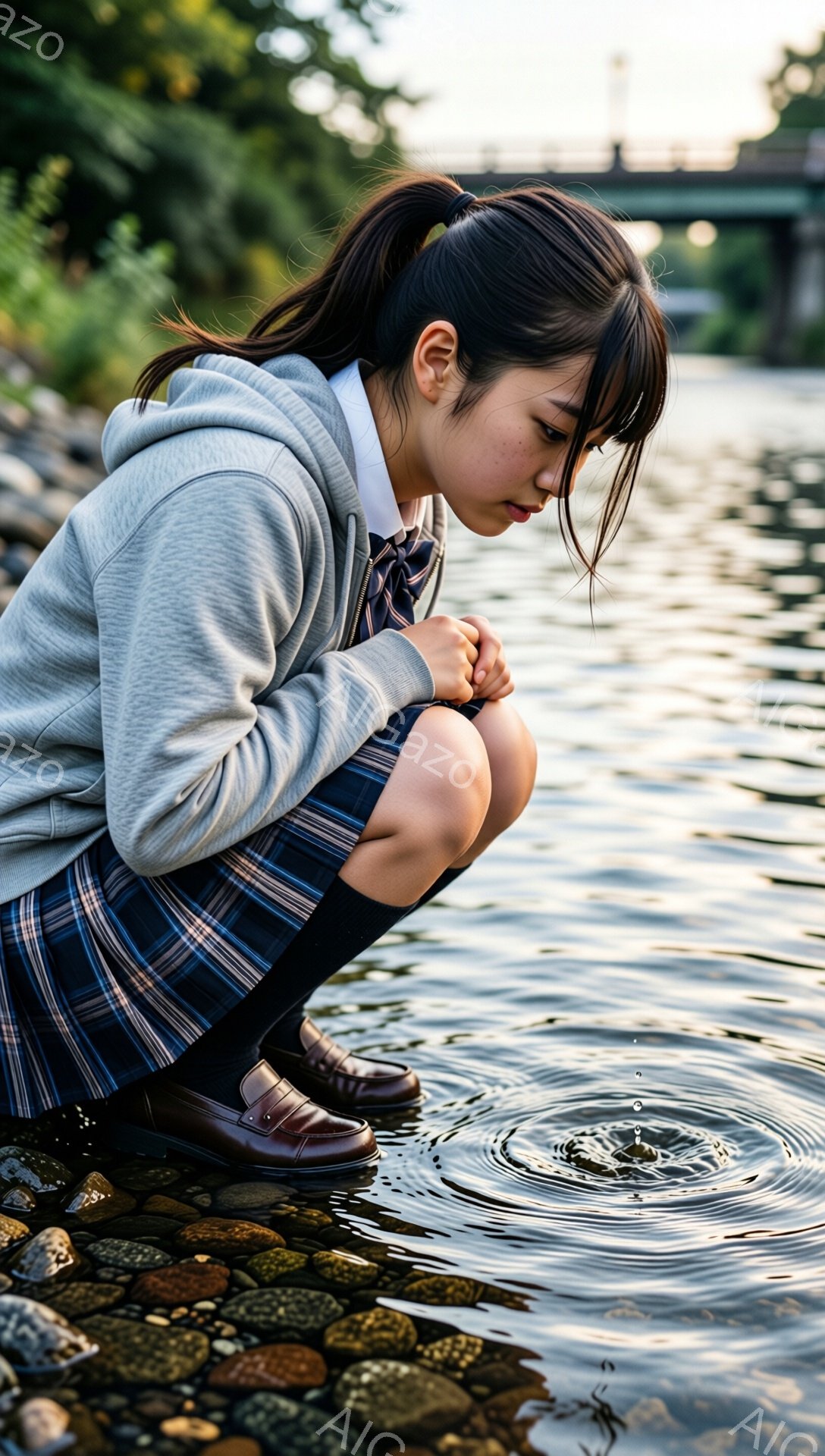 制服を着た少女が、川辺の石の上に膝をついて座っている。彼女はグレーのパーカーとチェックのスカートを着用し、ダークソックスと革靴を履いている。水面には波紋が広がっており、少女は何かを見つめているようで、表情は少し憂いを帯びている。
