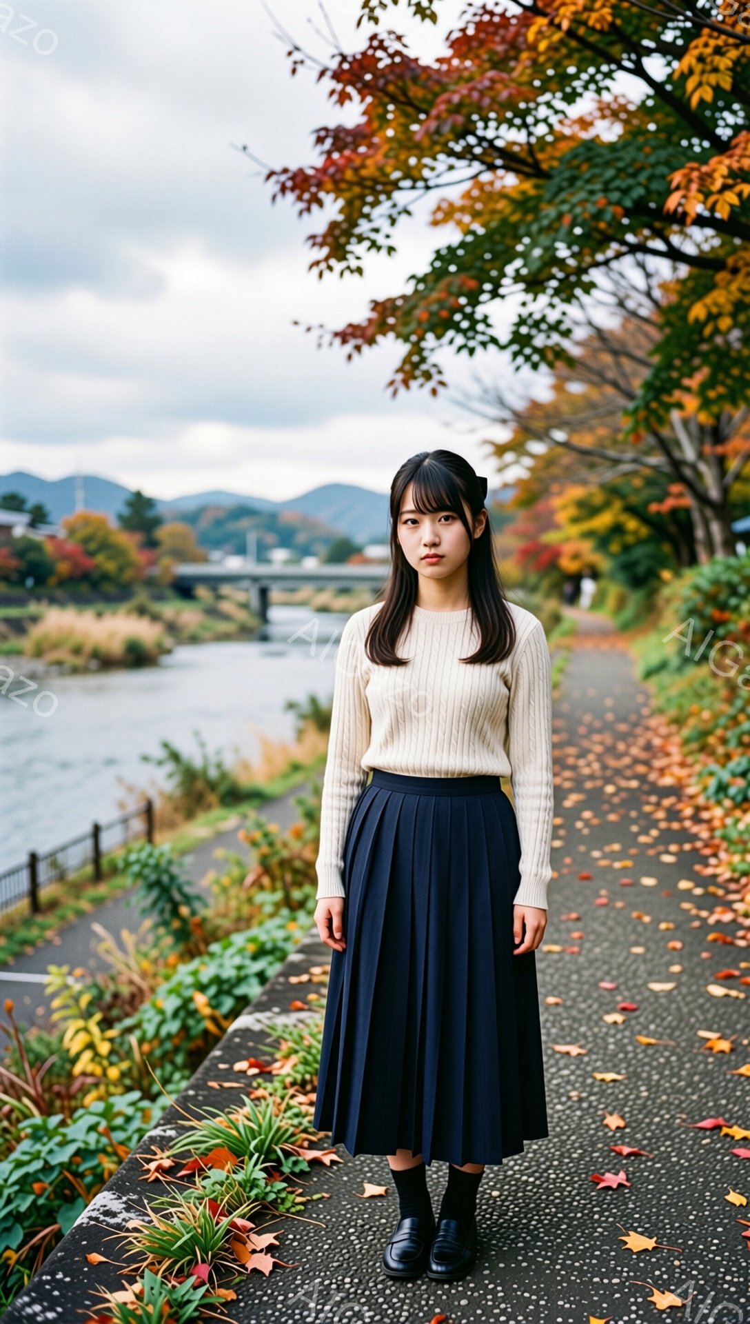 長い黒髪に前髪を合わせた女性が、クリーム色のセーターと濃い紺色のプリーツスカート、黒い靴を履いて立っています。彼女はわずかに微笑み、少し物憂げな表情をしています。背景には川、緑の植生、そして紅葉した木 - AI生成フリー素材