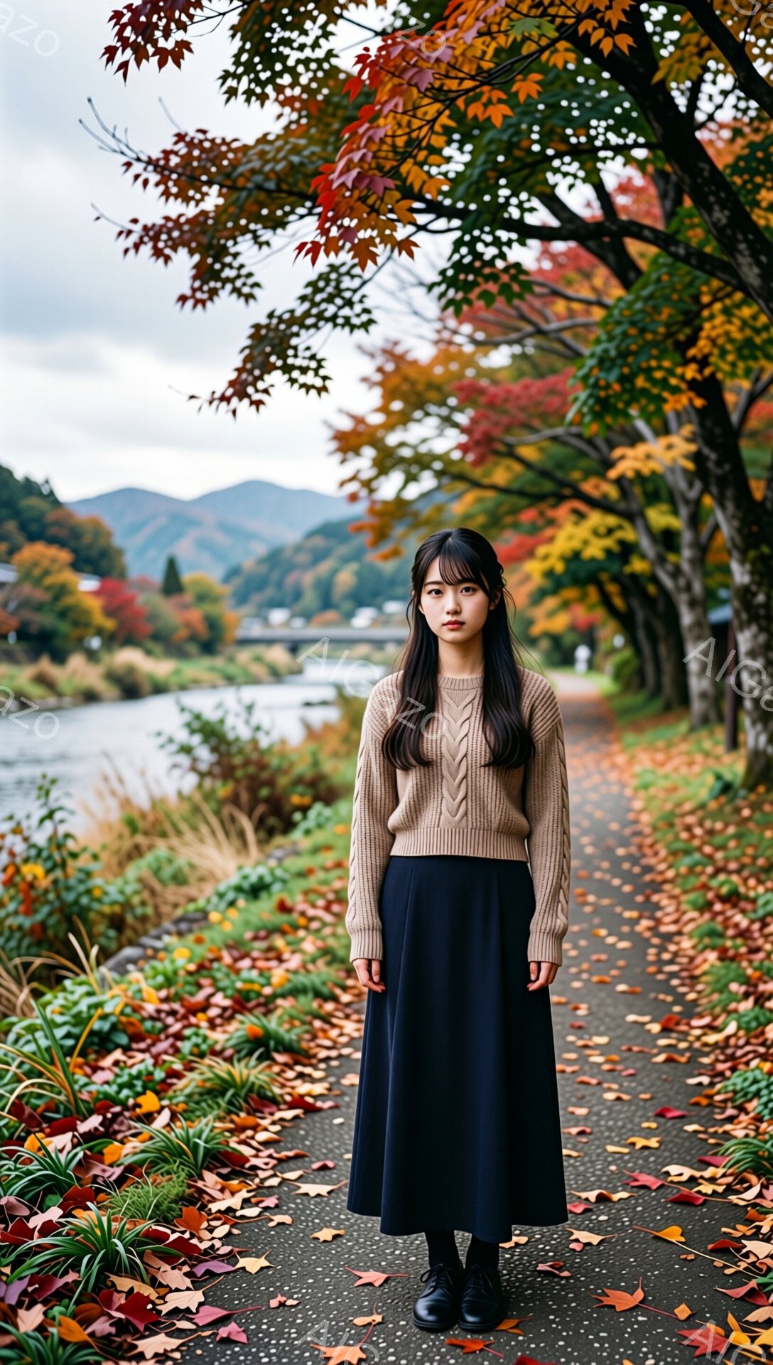 長い黒髪に前髪を作った若い女性が、ベージュのケーブルニットセーターと濃い紺色のロングスカートを身に着けて立っています。彼女は無表情で、少し寂しげな雰囲気です。背景には、紅葉した木々が並ぶ遊歩道と、遠くに見える山々、そして曇り空が広がっており、秋の静かで落ち着いた雰囲気を醸し出しています。