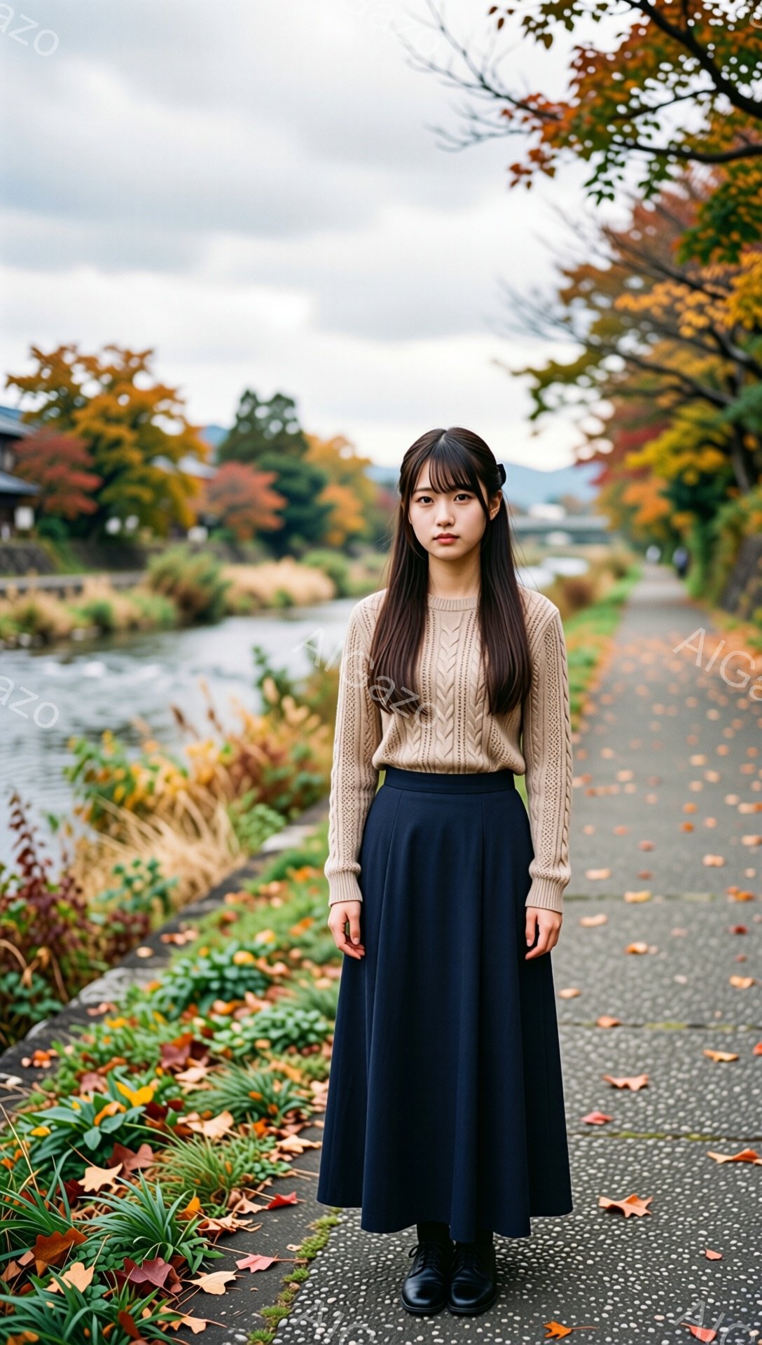 長い黒髪で前髪を分けている若い女性が、ベージュのケーブルニットセーターと濃紺のロングスカートを身につけて立っている。彼女は少し憂いのある表情で、カメラの方をまっすぐ見つめている。背景には、紅葉した木々 - AI生成フリー素材