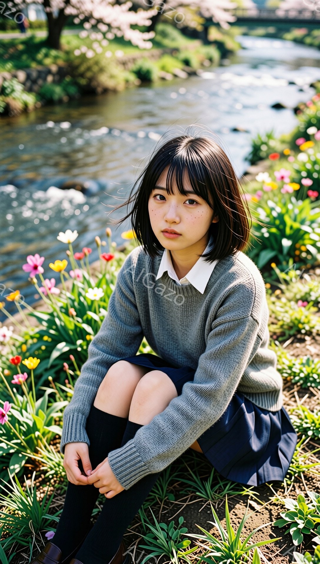 画像には、花が咲き乱れる土手に座る若い女性が写っています。彼女はグレーのセーターとプリーツスカート、黒い靴下を履いており、黒髪のショートボブヘアで、少し憂いを帯びた表情をしています。背景には、穏やかな川の流れと、桜の木々が見え、春の穏やかな雰囲気が漂っています。