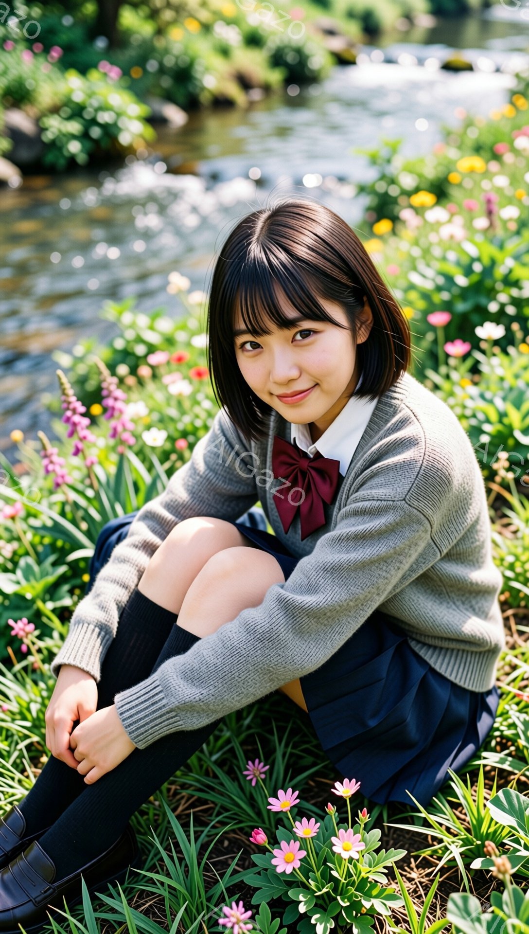 短い黒髪の女性が、花が咲き乱れる緑豊かな背景の中で膝を抱えて座っています。グレーのセーターにネイビーのスカート、黒い靴下と靴を履き、赤いリボンがアクセントになっています。彼女は微笑んでおり、周囲の自然 - AI生成フリー素材