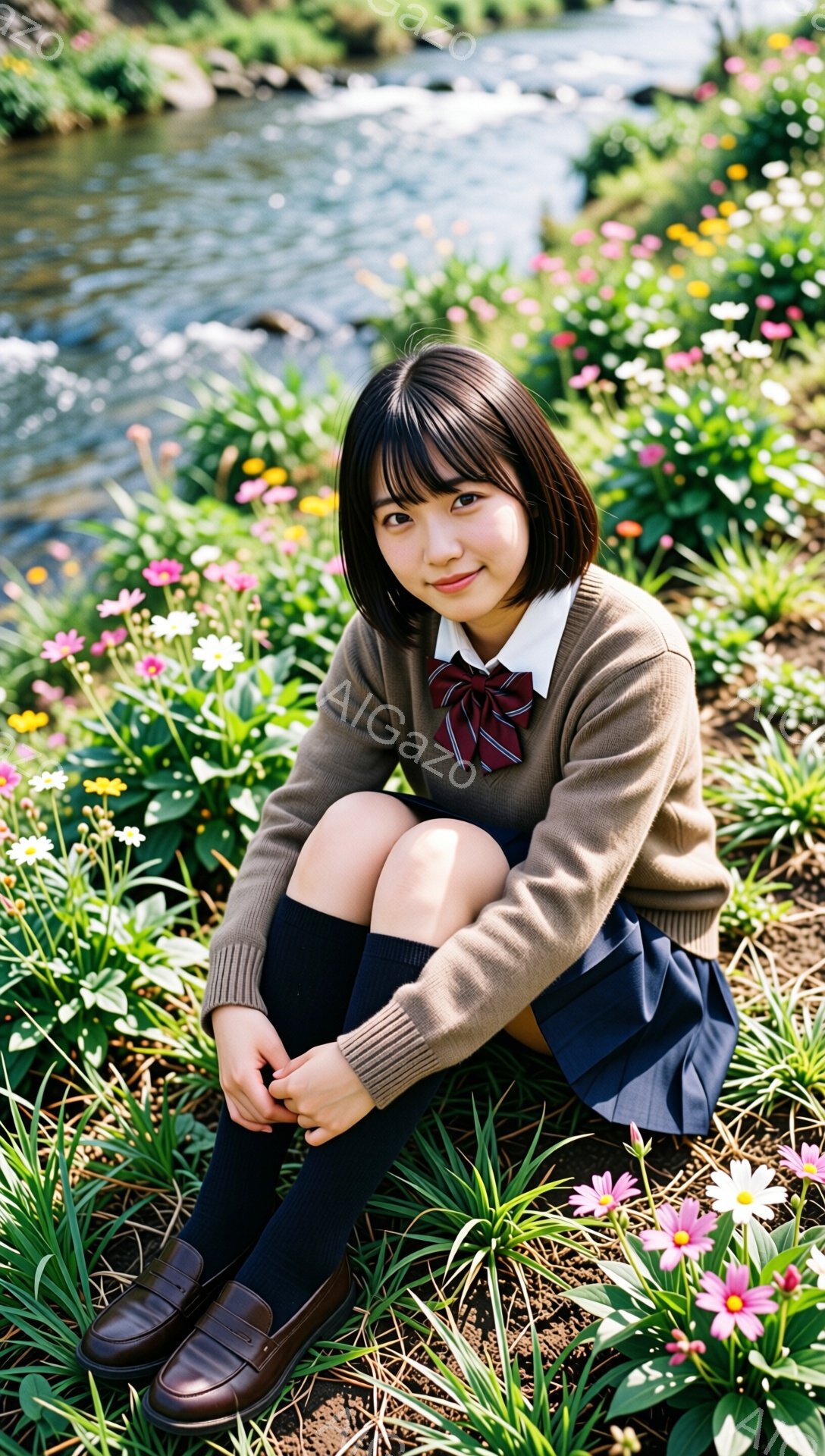 明るい日差しの下、制服を着た若い女性が花壇の中に座っています。彼女は茶色のカーディガン、水色のスカート、黒い靴下と革靴を履いており、髪は短く黒く、前髪が目に触れないように整えられています。彼女はわずか - AI生成フリー素材