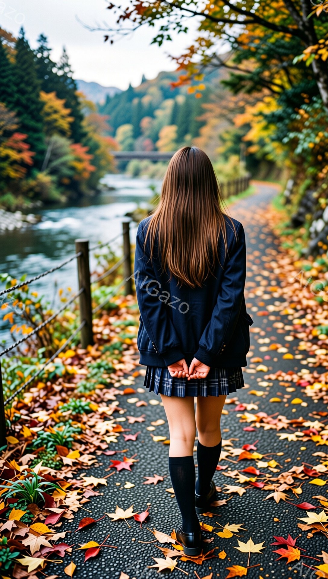 画像は、制服を着た若い女性が落ち葉が敷き詰められた道を歩いている後ろ姿を捉えています。紺色のブレザーとチェック柄のスカート、黒いニーハイソックス、黒いローファーを履いています。背景には、緑豊かな山々と、秋の色彩が美しい川が流れ、全体的にノスタルジックで静かな雰囲気が漂っています。