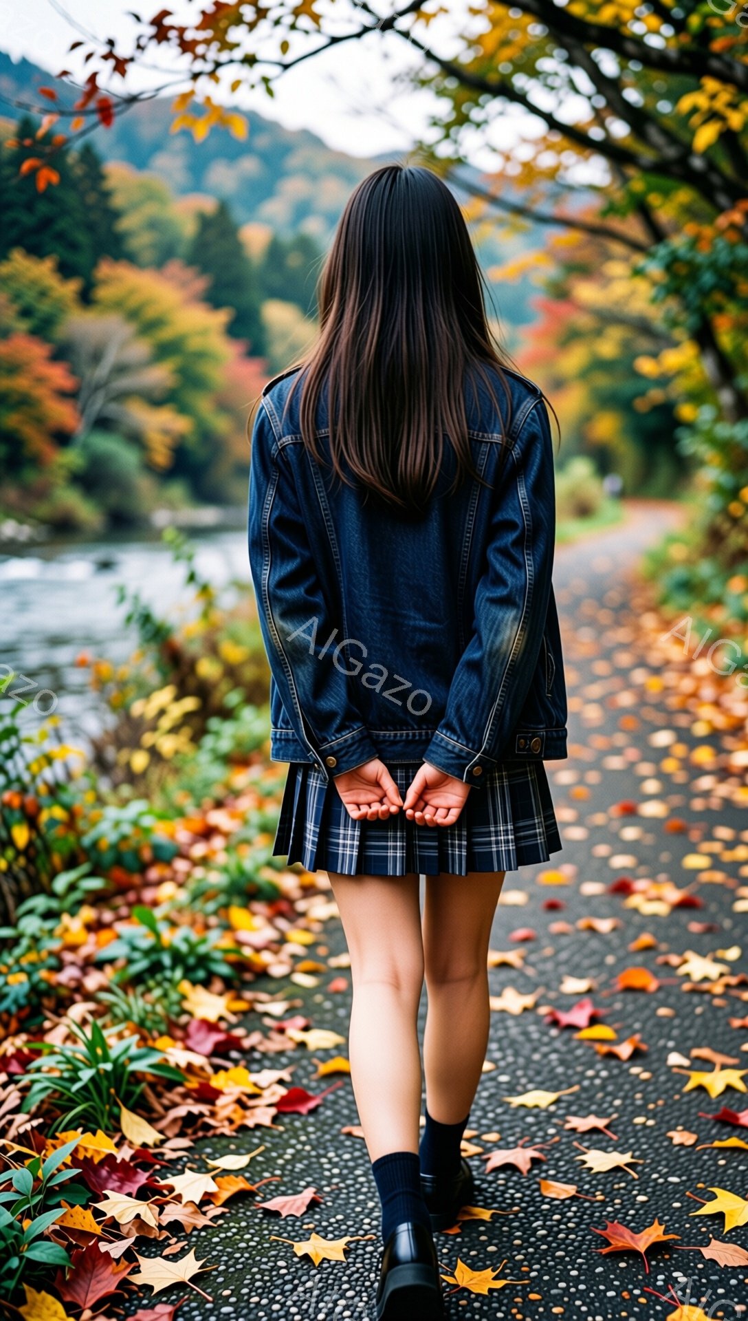 深い青色のデニムジャケットとチェック柄のプリーツスカートを身に着けた女性が、落ち葉が敷き詰められた道を歩いている。彼女は長い黒髪で、後ろ姿のみが見える。背景には色とりどりの秋の木々と、その奥に水面が見える湖または川が広がっており、秋の穏やかな雰囲気を醸し出している。