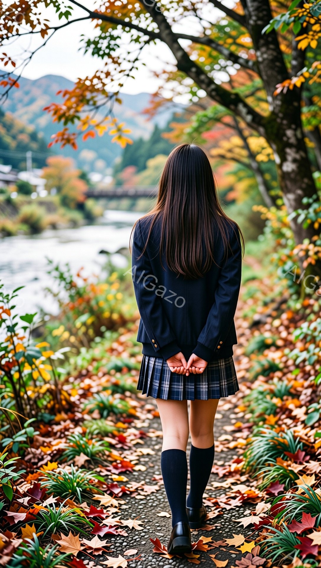 画像は、セーラー服姿の女性が歩道を歩いている後ろ姿を捉えています。彼女は黒いロングヘアで、紺色のブレザーとプリーツスカート、黒いニーハイソックスを履き、秋の紅葉に囲まれた自然豊かな道を進んでいます。背景には、川と、鮮やかな紅葉の木々、そして遠くに建物が見え、穏やかで物憂げな雰囲気を醸し出しています。