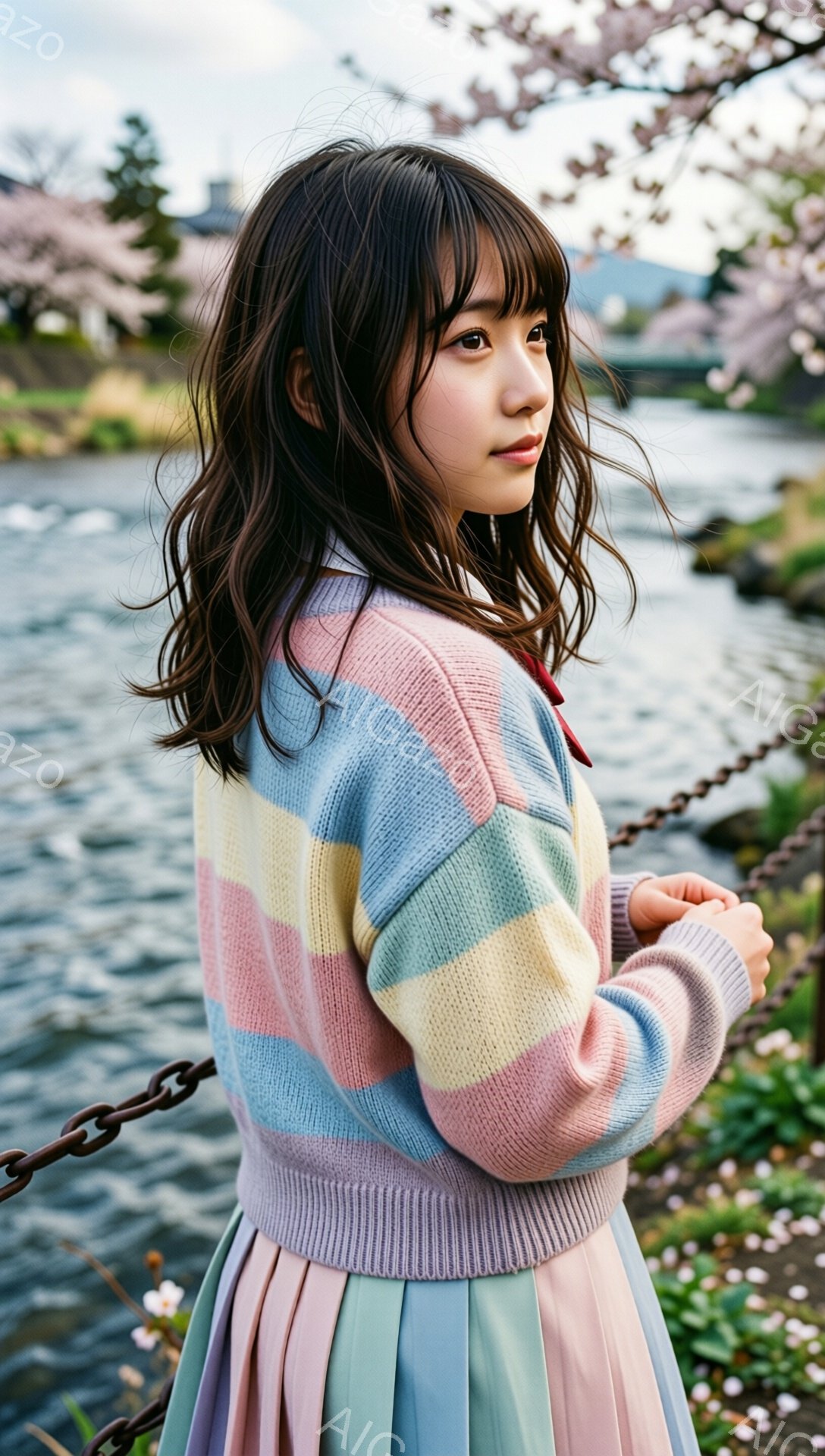 若い女性が、パステルカラーのストライプのセーターと水色のプリーツスカートを着ています。彼女は少し微笑んでおり、黒髪を肩まで伸ばしたヘアスタイルです。背景には桜並木と水面が見え、春の穏やかな雰囲気を感じさせます。