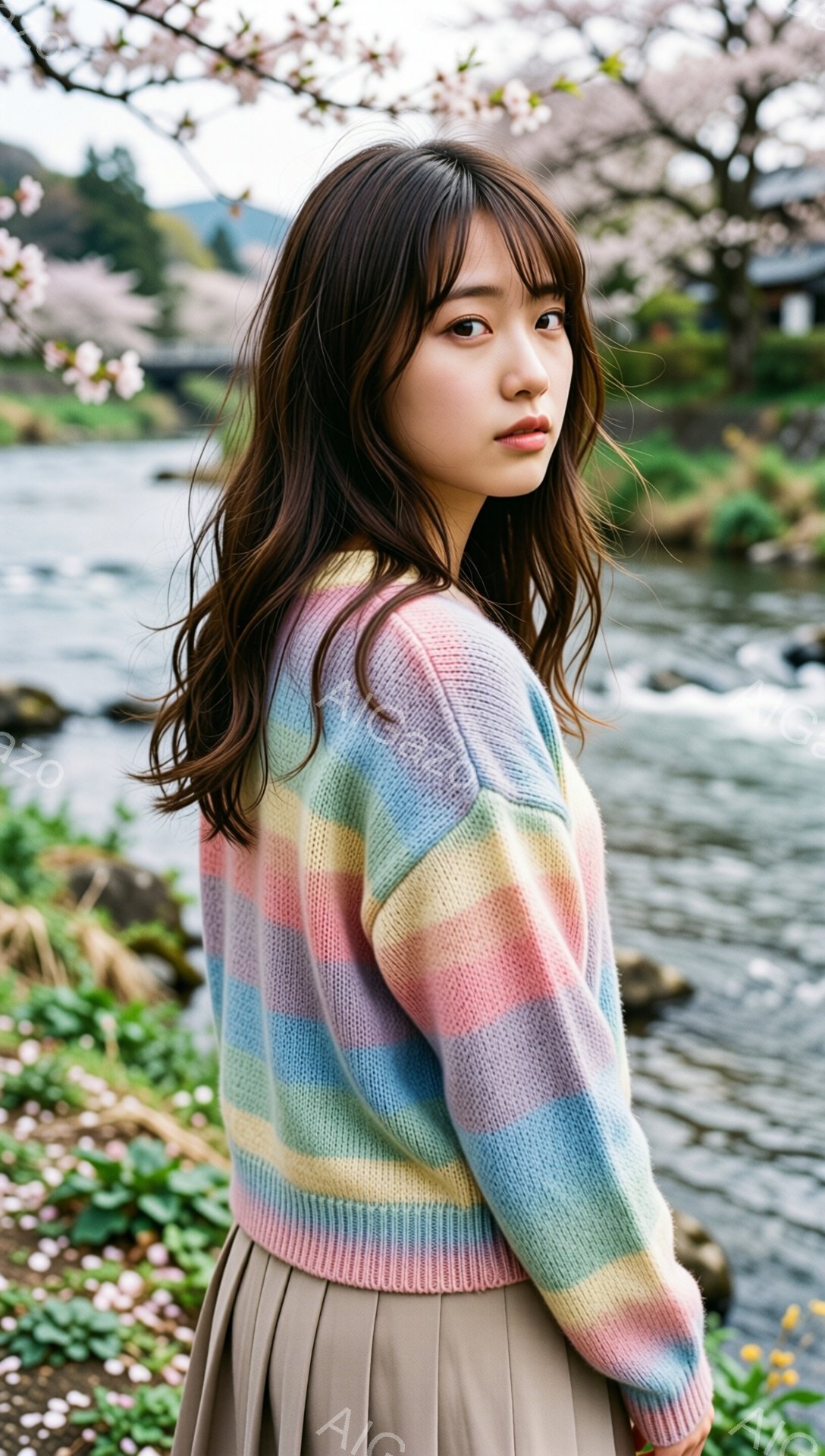 画像には、桜並木と川を背景に、明るい色のセーターを着た若い女性が写っています。彼女は茶色の髪を肩まで長く下ろし、少し微笑んでカメラを見ています。背景には、ぼやけた桜の花びらと、穏やかに流れる川が見られ、春の穏やかな雰囲気が漂っています。