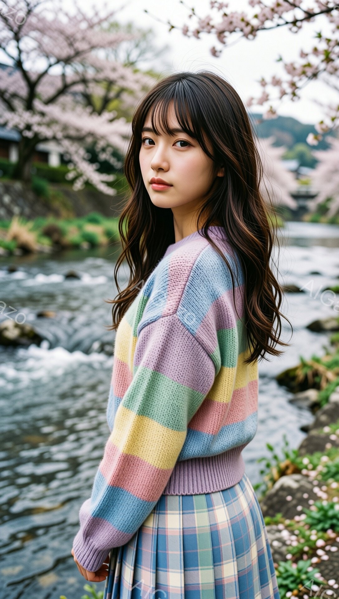 若い女性が、ピンク、水色、黄色、緑のストライプが特徴的なセーターと、チェック柄のスカートを身に着けて立っています。彼女は長い黒髪で、少し微笑んでいます。背景には、桜の木々と、水が流れる川が見え、春の穏 - AI生成フリー素材