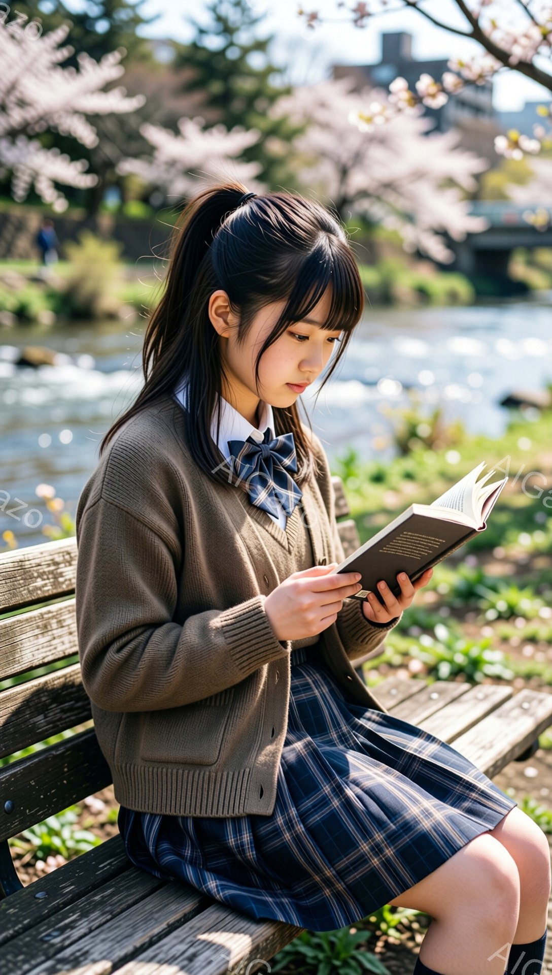 制服を着た若い女性がベンチに座り、本を読んでいます。彼女はベージュのカーディガン、チェック柄のスカート、リボン付きのシャツを着ており、黒い靴下を履いています。背景には桜の木々と穏やかな川があり、春の暖 - AI生成フリー素材