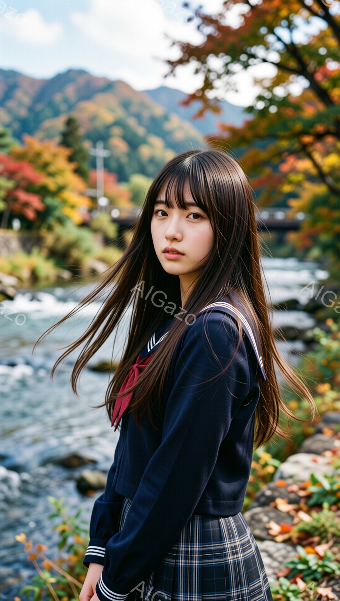 長い黒髪の女性が制服を着て、川のそばに立っています。彼女は少し横を向いており、赤いネクタイとチェックのスカートが印象的です。背景には紅葉した木々と川、そして遠くに見える建物があり、秋の穏やかな雰囲気を醸し出しています。