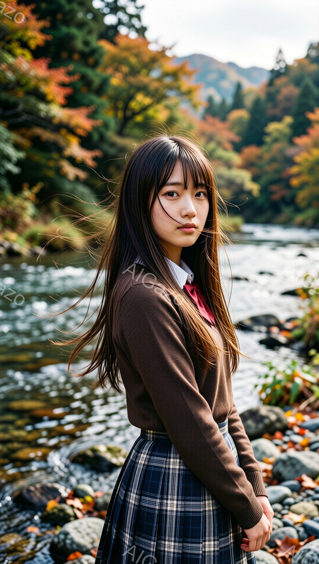 少女は茶色のセーラー襟のブラウスとチェック柄のプリーツスカートを着用し、赤いネクタイを締めています。彼女は少し振り返り、わずかに眉をひそめ、少し憂いのある表情を浮かべています。背景には、紅葉の木々と岩石が流れる川があり、秋の静かで物憂げな雰囲気を醸し出しています。
