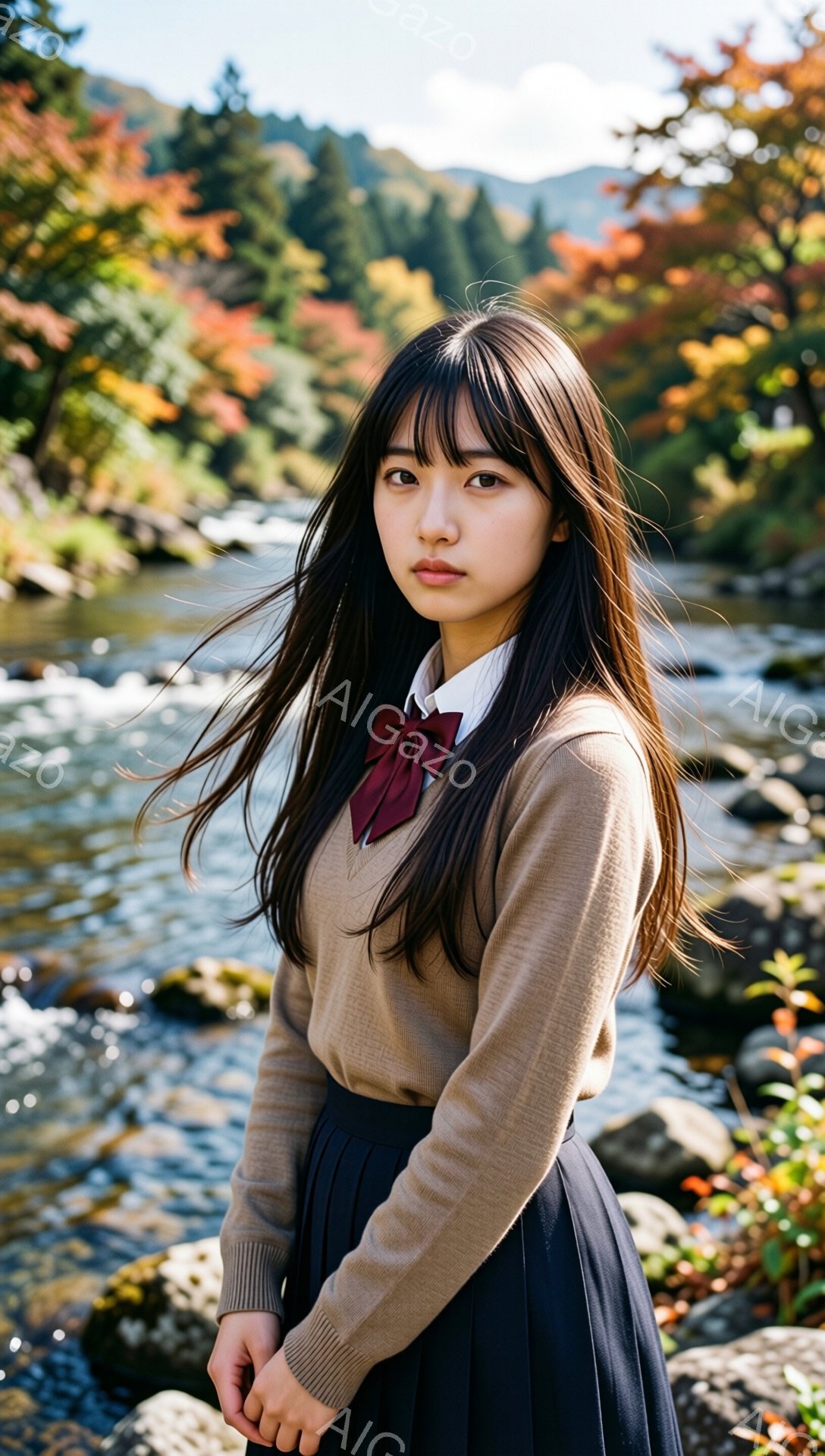 長い黒髪を肩から下で揺らし、茶色のセーターと紺色のプリーツスカートを着た若い女性が写っている。彼女は赤いリボンを結び、少し憂いのある表情で、川のそばの岩場に立っている。背景には鮮やかな紅葉と緑の木々が広がり、秋の穏やかな雰囲気を醸し出している。