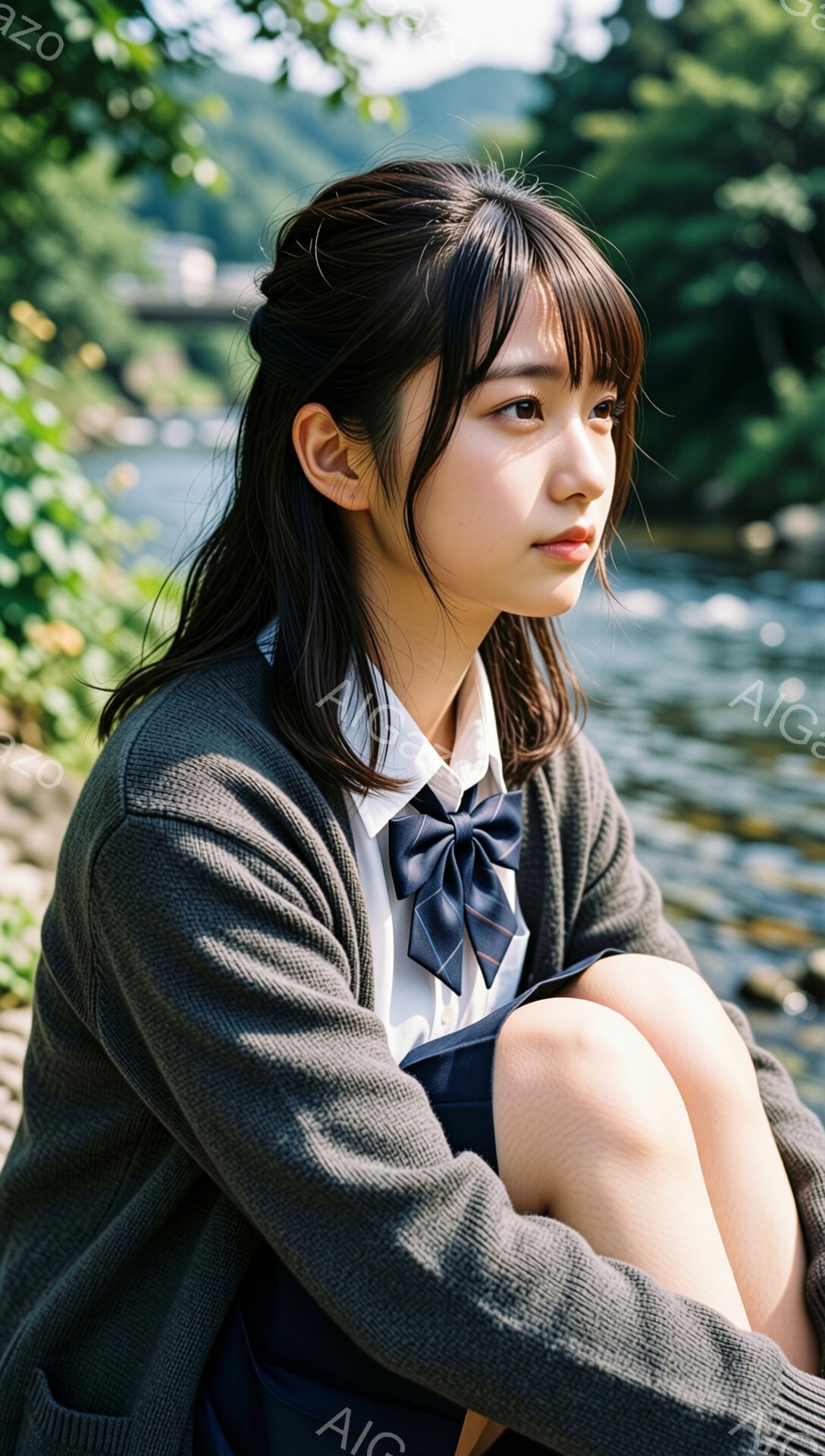 画像は、制服を着た若い女性が、膝を抱えて座っている様子を捉えています。彼女は白いシャツに濃い青のリボンとカーディガンを着用し、少し憂いを帯びた表情で遠くを見つめています。背景には、水面がキラキラと輝く川と緑豊かな自然が広がり、穏やかで少し寂しげな雰囲気を醸し出しています。