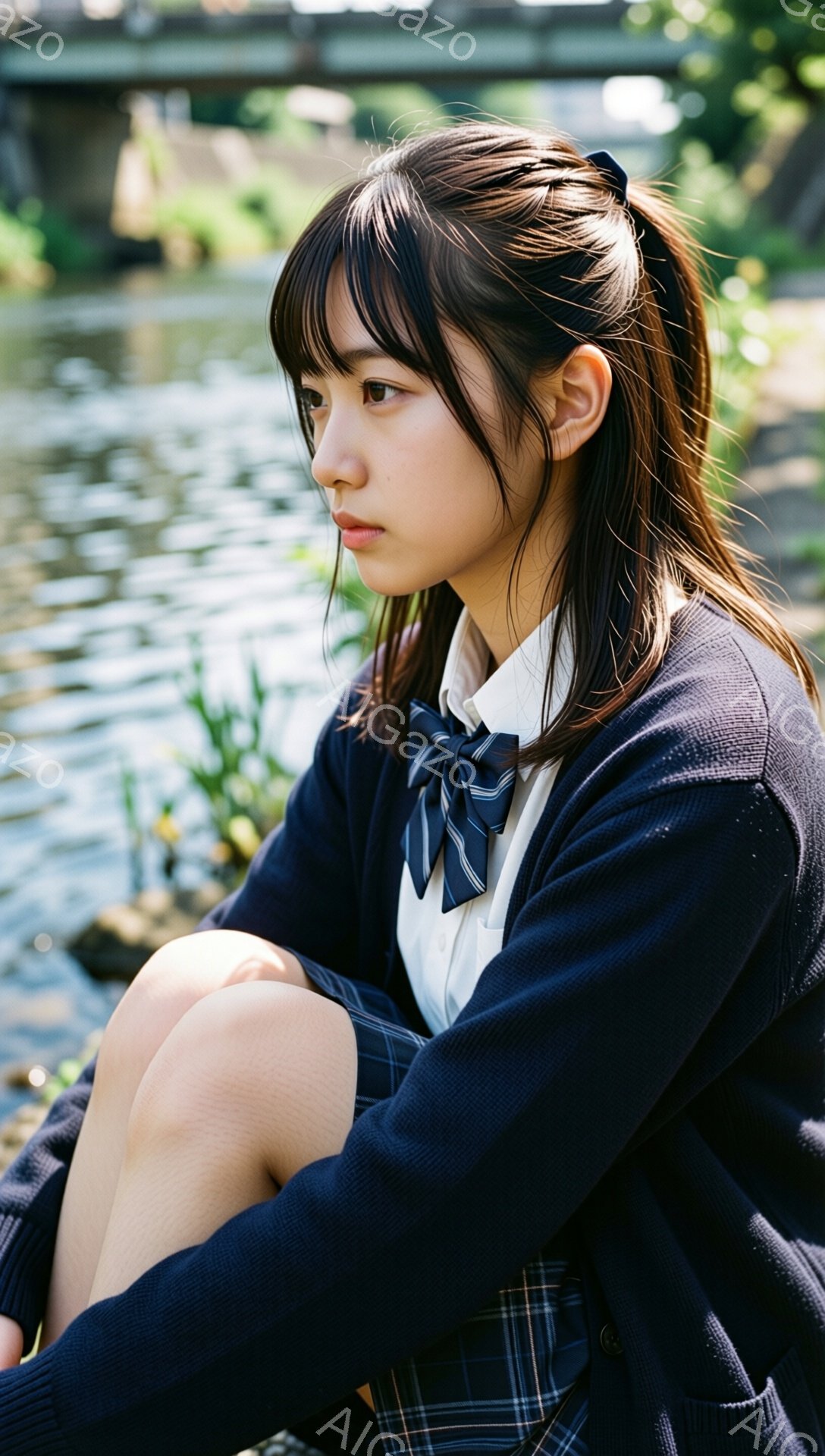画像は、制服を着た若い女性が、膝を抱えて川沿いに座っている様子を捉えています。彼女は紺色のカーディガン、白いシャツ、チェック柄のスカートを着用し、髪は肩まで伸びており、前髪が少し目にかかっています。彼女の表情は少し物思いにふけっており、背景には緑豊かな自然とぼやけた橋が見え、穏やかで少し寂しげな雰囲気が漂っています。