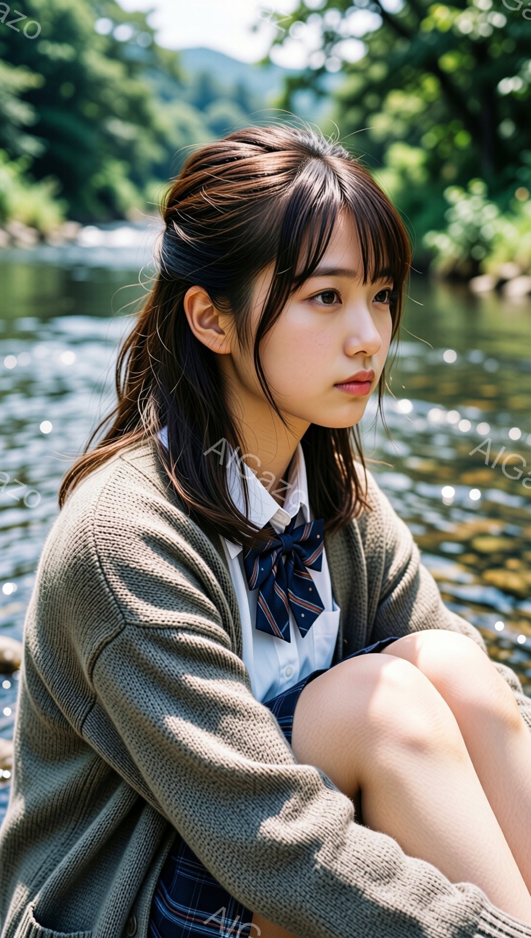 若い女性が、膝を抱えて水辺に座っている。ベージュのカーディガン、チェックのスカート、そして青いリボン付きの白いシャツを着ている。彼女は少し物憂げな表情で、遠くを見つめている。