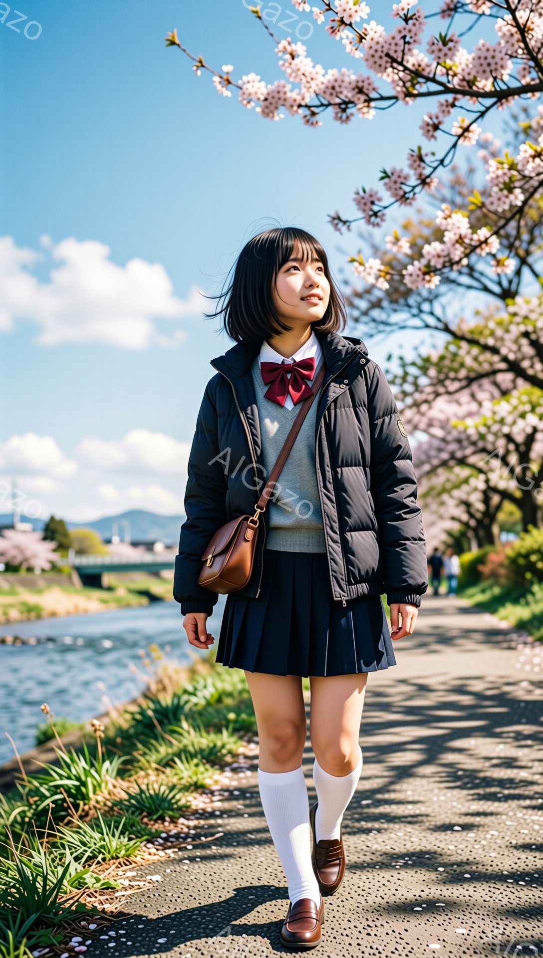 制服を着た少女が、桜並木の中を歩いている。紺色のダウンジャケット、グレーのセーター、チェックのスカート、白いソックス、茶色の靴を履き、肩には茶色のショルダーバッグをかけている。彼女は少し上を見上げており、表情は穏やかで、春の陽気な雰囲気が漂っている。
