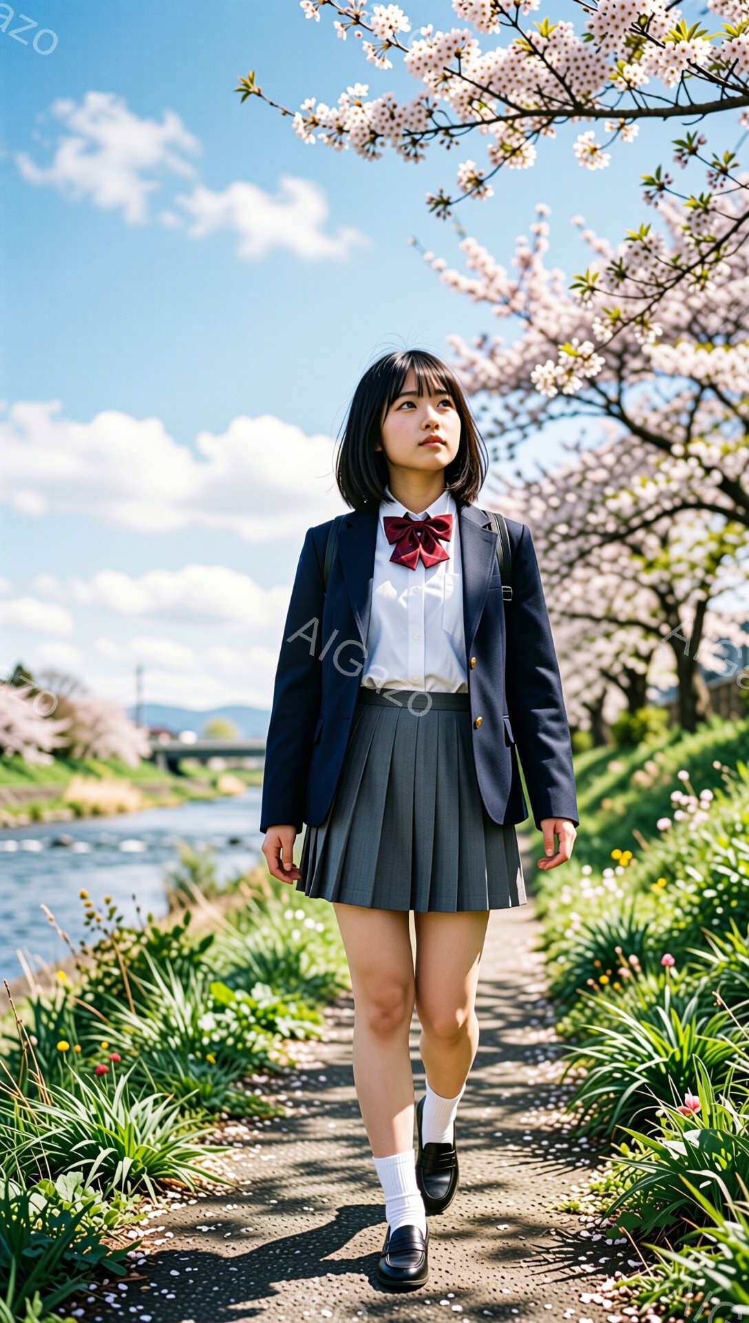 画像には、制服を着た若い女性が写っており、紺色のブレザー、プリーツスカート、白いシャツ、赤いリボンを締めています。彼女は少し上目遣いで、顔には穏やかな表情を浮かべ、肩にリュックサックを背負っています。 - AI生成フリー素材