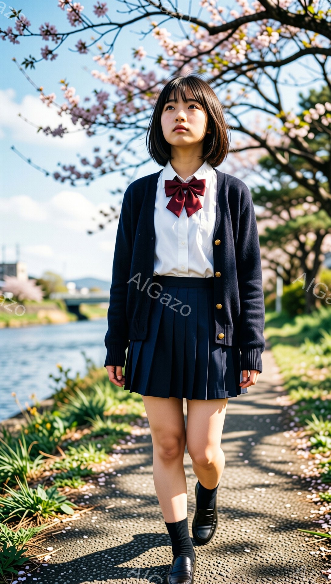 画像は、制服を着た若い女性が小道の中心を歩いている様子を捉えています。彼女は黒いカーディガン、白いシャツ、赤いリボン、プリーツスカート、黒い靴を身に着けており、髪は短く黒く整えられています。背景には桜 - AI生成フリー素材