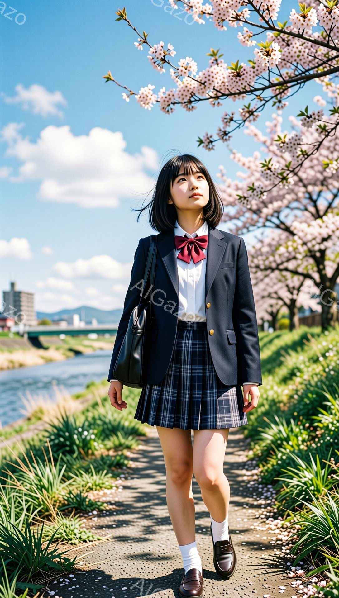 制服を着た女子学生が、桜並木の中を歩いている。彼女は濃い紺色のブレザーにチェックのプリーツスカート、白いソックスと革靴を履き、首には赤いリボンをつけている。背景には川と遠くの建物が見え、桜の花びらが舞い散る晴天の日で、春の暖かさと希望を感じさせる。