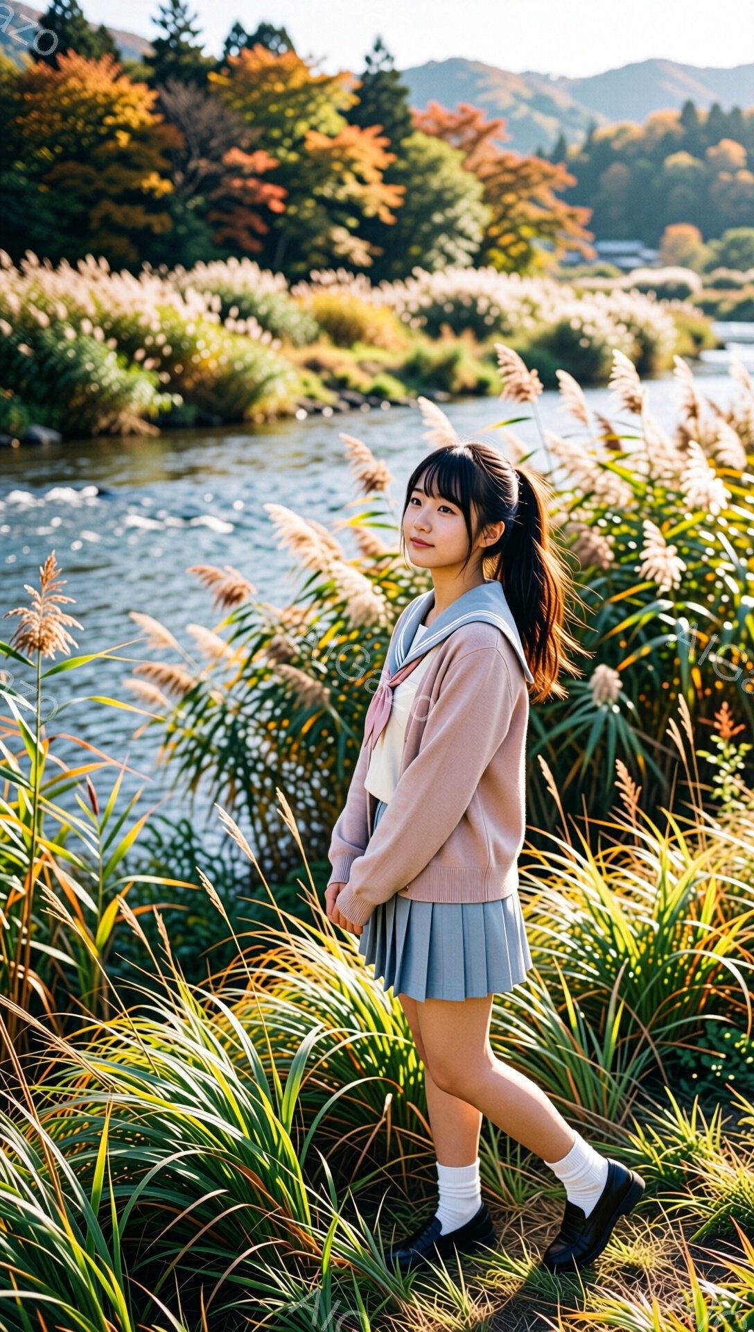 若い女性が、ピンク色のカーディガン、水色のプリーツスカート、白いソックス、黒い靴を履いて立っている。彼女は長い黒髪をポニーテールにし、微笑んでいる。背景には、草が生い茂る川と、秋の紅葉した山々が広がっ - AI生成フリー素材