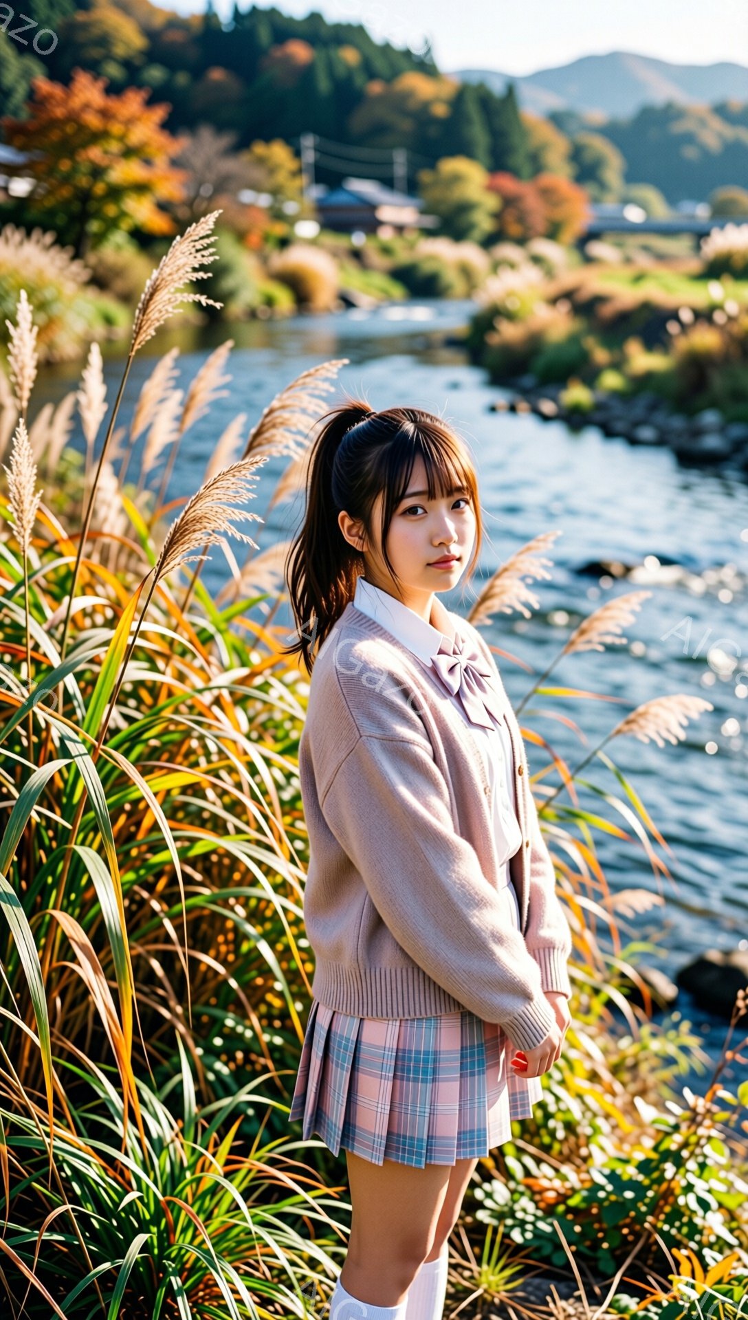 茶髪のロングヘアをポニーテールにした若い女性が、淡いピンクと紫のチェック柄のプリーツスカートと、薄いピンクのカーディガンを着ています。彼女は少し横を向き、微笑んでおり、白いソックスと靴を履いています。背景には、川と緑豊かな木々が見え、秋の穏やかな日差しが差し込んでおり、全体的に柔らかな雰囲気です。