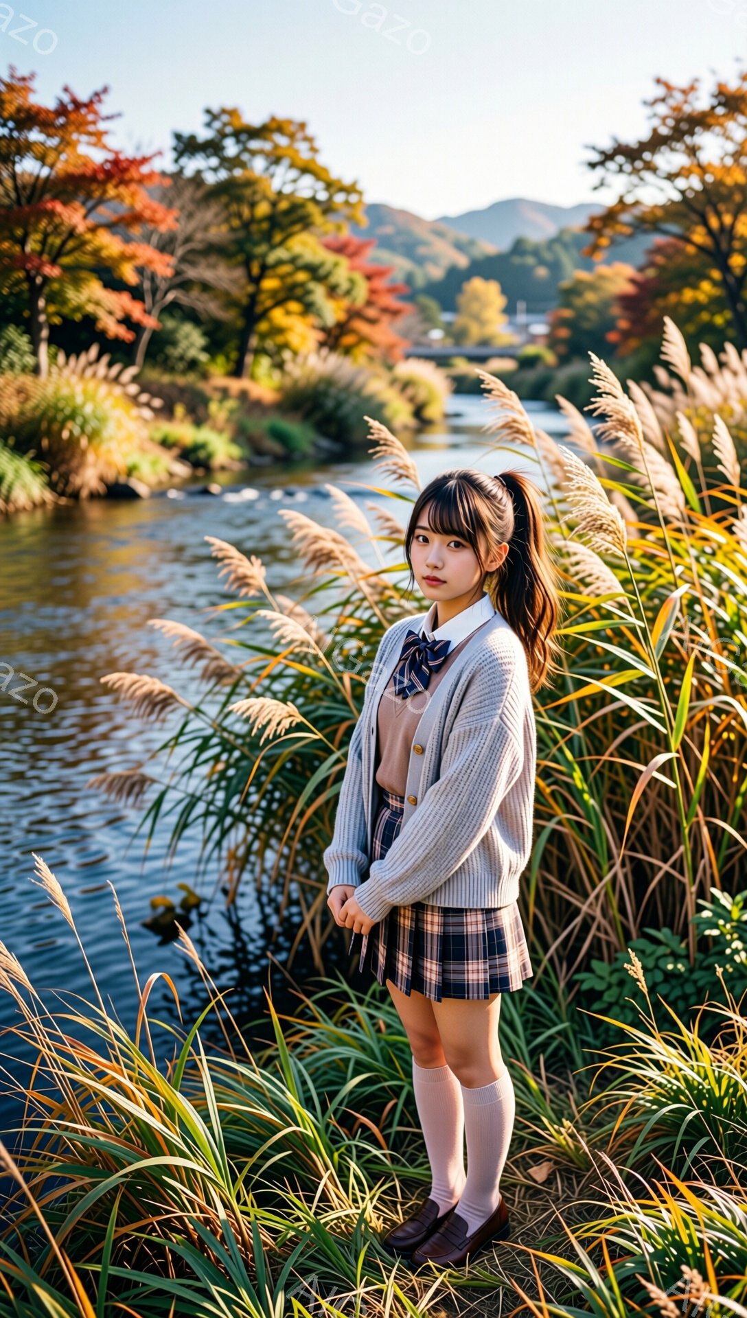 画像は、背の高いススキの草むらのそばに立つ若い女性を描写しています。彼女はグレーのカーディガン、チェック柄のプリーツスカート、白いソックス、茶色のローファーを身に着け、制服のような服装をしています。彼女は少し憂いを含んだ表情で、まっすぐ前を見据えています。