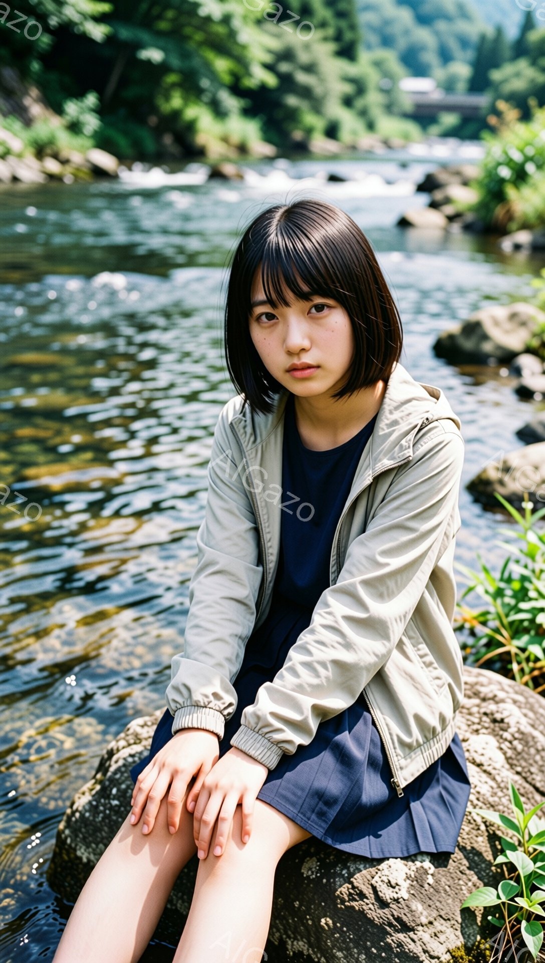 若い女性が岩の上に座っており、膝を揃えて少しうつむき加減になっています。彼女は濃い青色のワンピースに、薄いベージュ色のジャケットを羽織っており、黒髪のショートボブヘアが特徴的です。背景には、緑豊かな木々と水面が輝く川が広がり、晴天の下、穏やかで自然な雰囲気が漂っています。
