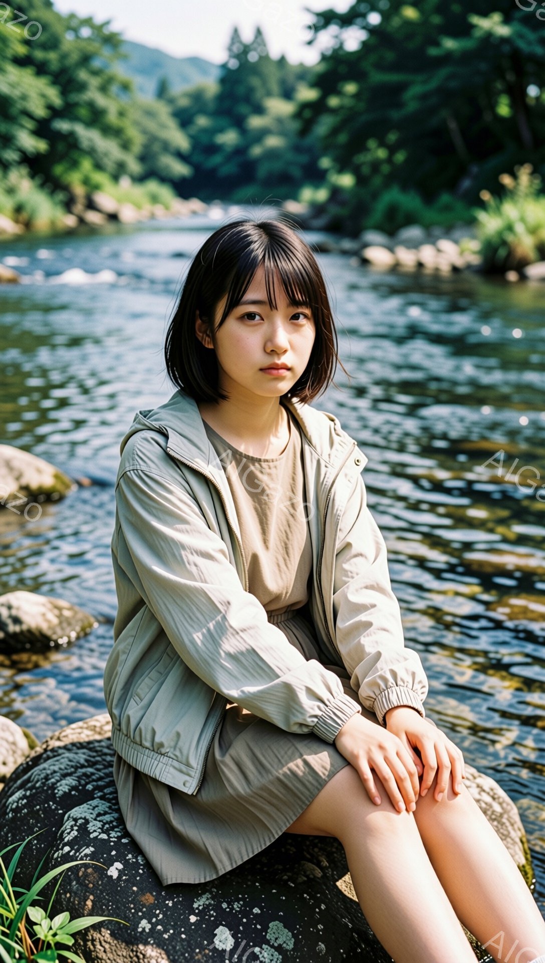 ショートカットの黒髪で、前髪が眉毛にかかる女性が写っている。ベージュのウィンドブレーカーとワンピースを着て、大きな岩の上に膝を抱えて座っている。背景は緑豊かな森林と澄んだ川で、穏やかで自然な雰囲気が漂っている。