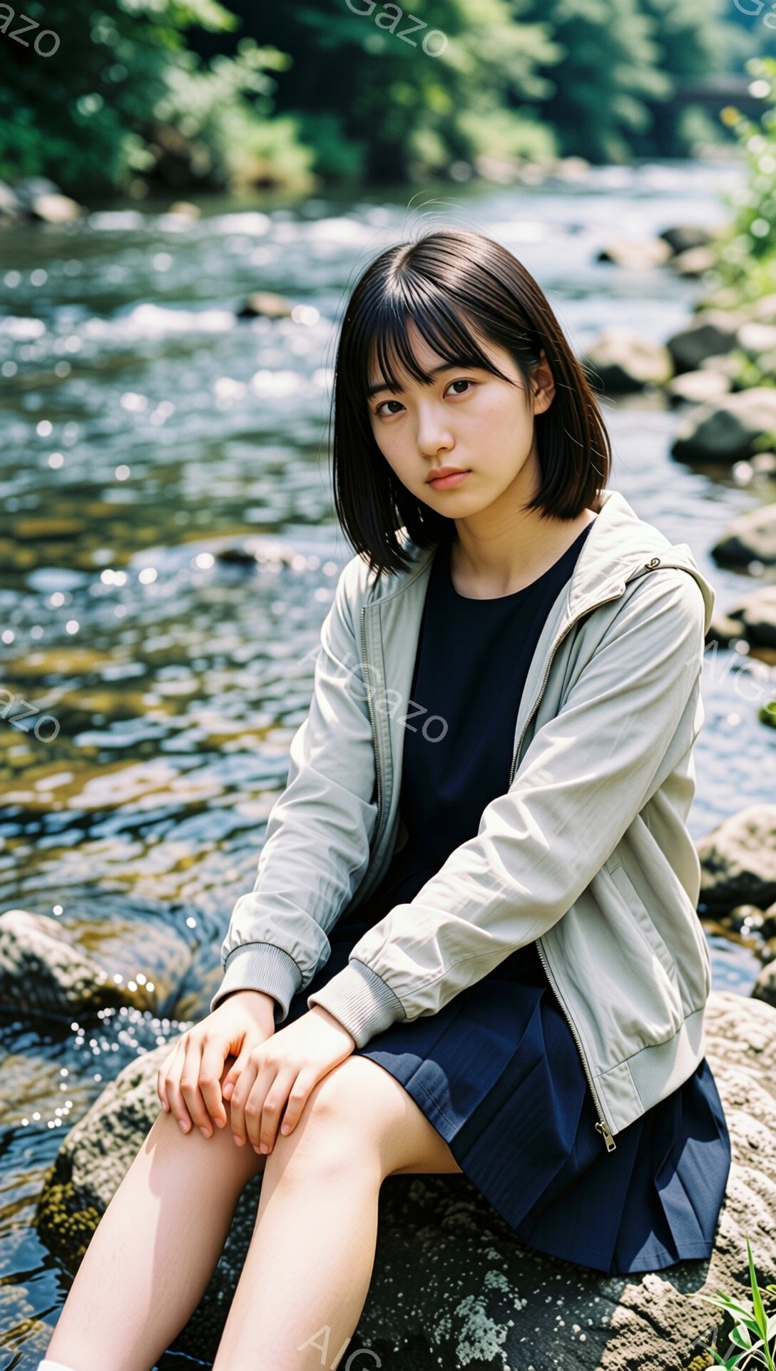 ショートカットの黒髪で、前髪が眉毛にかかる女性が写っている。紺色のワンピースのような服に薄いベージュ色のジャケットを羽織り、岩の上に座って膝を抱えている。背景には緑豊かな植物と水が流れ、自然の中でリラックスした雰囲気が漂っている。