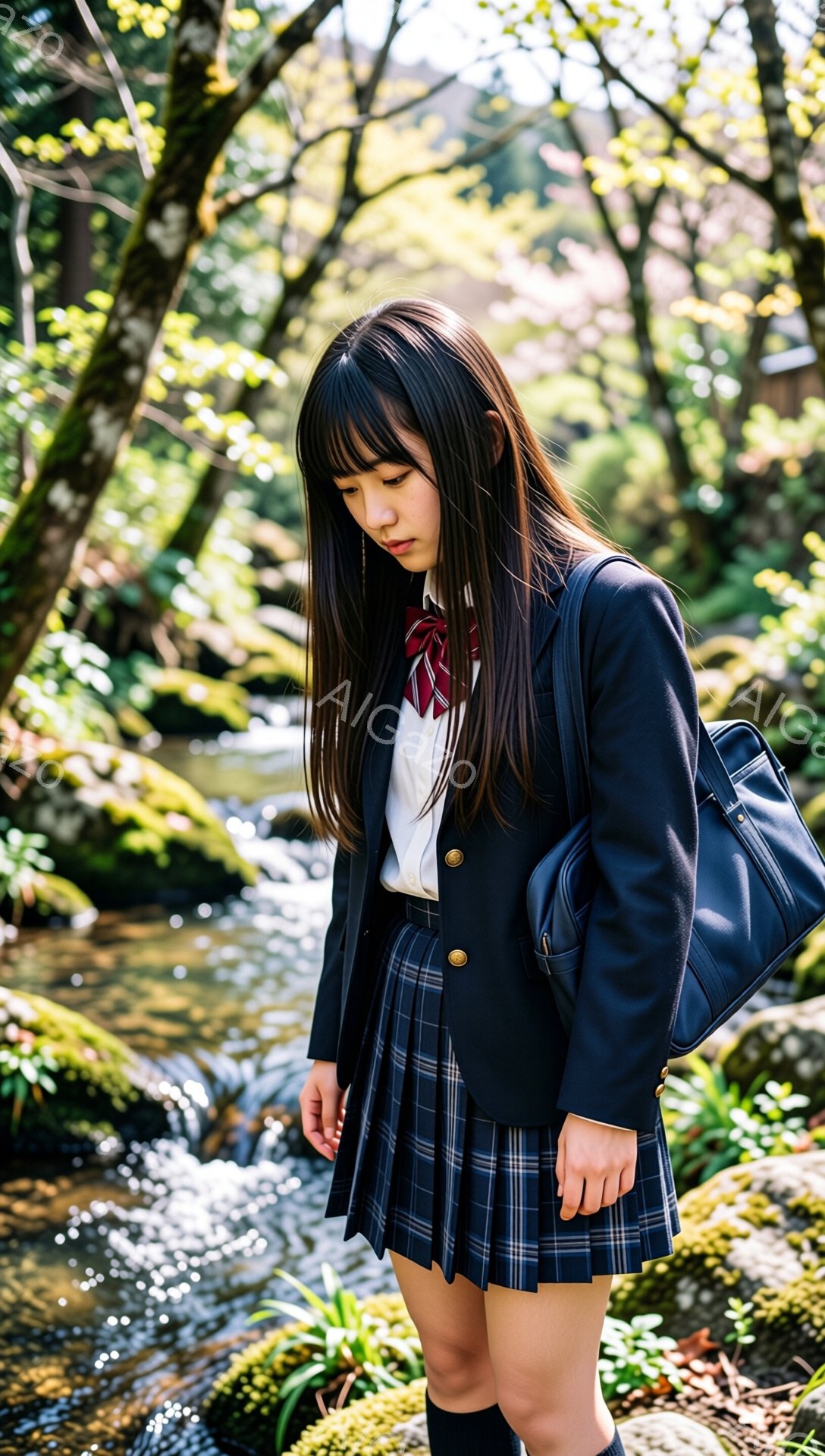 明るい光の中で、制服を着た少女が小川のそばに立っている。彼女は紺色のブレザーにチェック柄のスカート、白いシャツ、赤いネクタイをつけており、肩には黒いリュックサックを背負っている。少女はうつむき加減で、少し憂いを帯びた表情をしており、周囲の緑豊かな自然と対照的である。