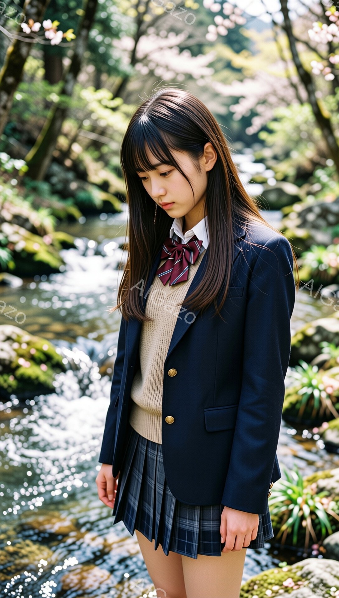 長い黒髪をセンターパートにした女子学生が、紺色のブレザー、ベージュのセーター、チェック柄のプリーツスカート、ネクタイを着用しています。彼女は少しうつむき加減で、落ち着いた雰囲気を醸し出しています。背景には水流と緑豊かな植物が見え、桜の花びらが舞い散る春の穏やかな景色が広がっています。