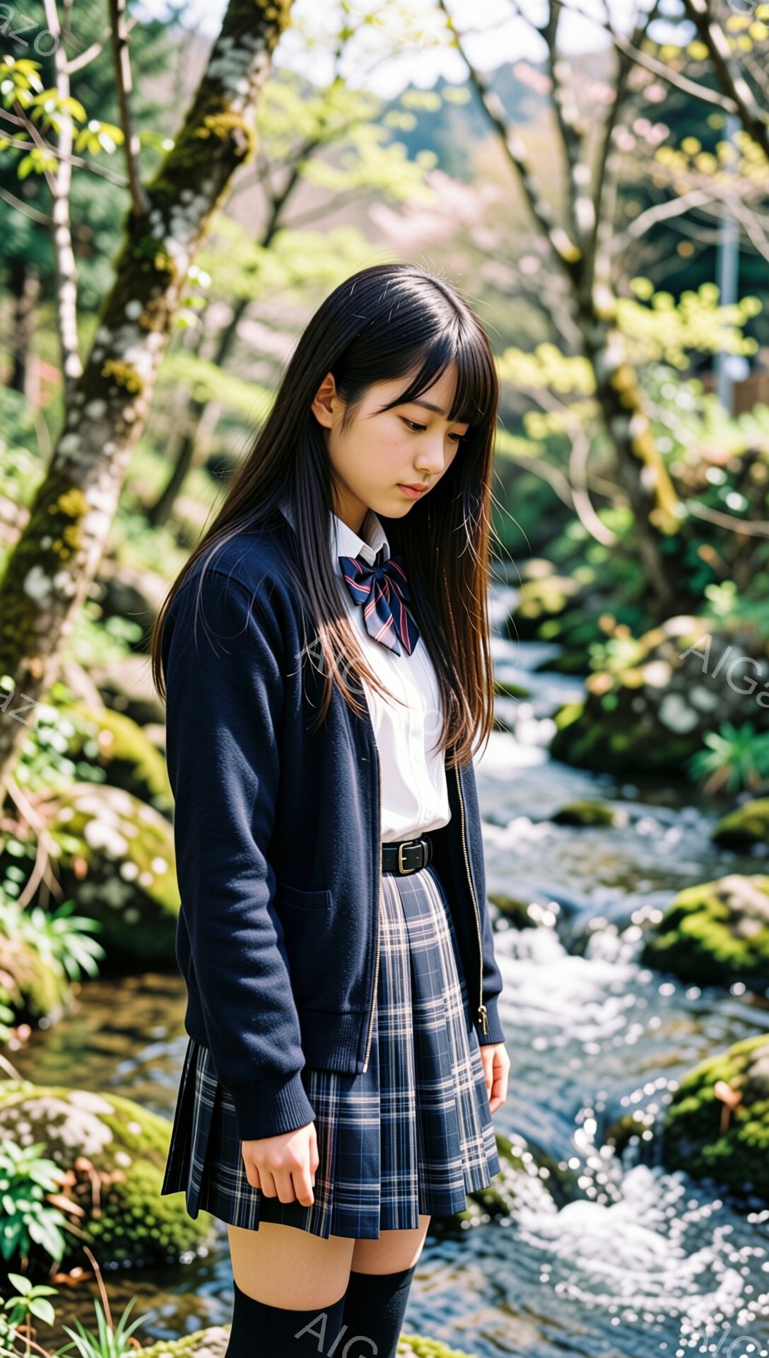 画像には、制服を着た若い女性が写っています。彼女は紺色のブレザー、チェック柄のスカート、白いシャツ、ネクタイを着用し、少しうつむき加減で、長い黒髪をしています。背景には、水が流れる小川と緑豊かな木々が - AI生成フリー素材