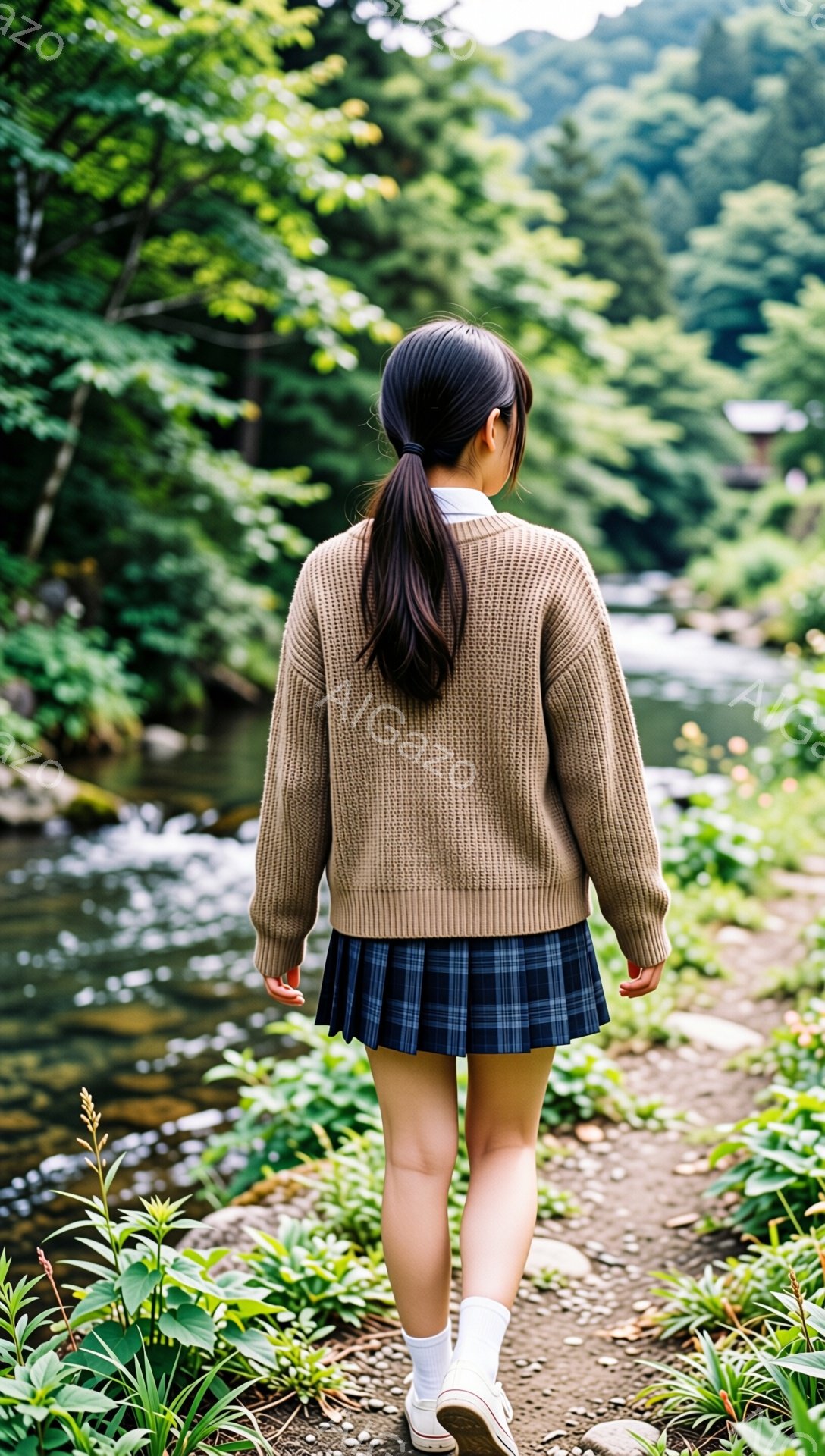 後ろ姿の女性が、緑豊かな自然の中を歩いています。ベージュのセーターとチェック柄のプリーツスカート、白い靴下とスニーカーを履き、長い黒髪をポニーテールにしています。背景には小川が流れ、木々が生い茂り、静かで穏やかな雰囲気が漂っています。