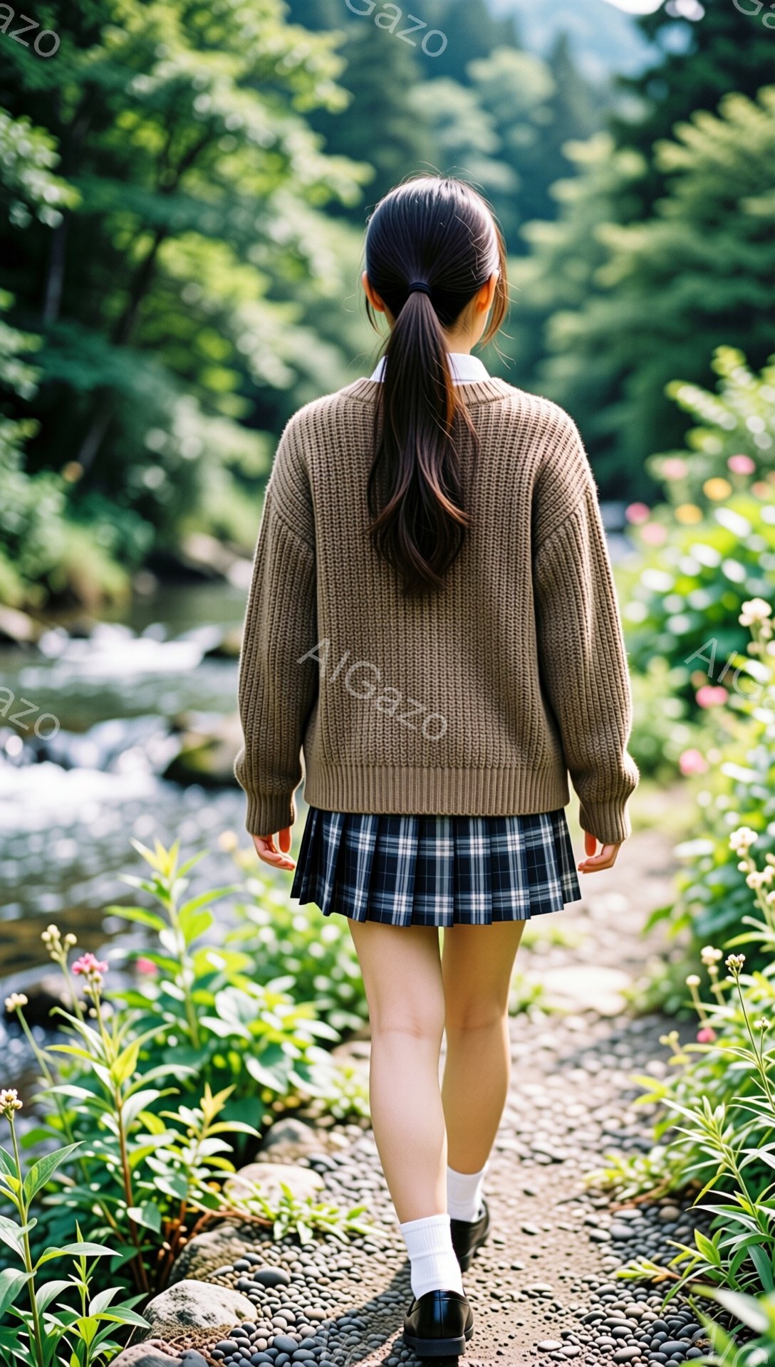 茶色のセーターとチェック柄のスカートを着用した女性が、小石の敷かれた道を歩いている後ろ姿が捉えられています。長い黒髪は後ろで一つに結ばれており、白い靴下と黒い靴を履いています。背景には緑豊かな植物と小川が流れ、穏やかで自然に包まれた雰囲気が漂っています。