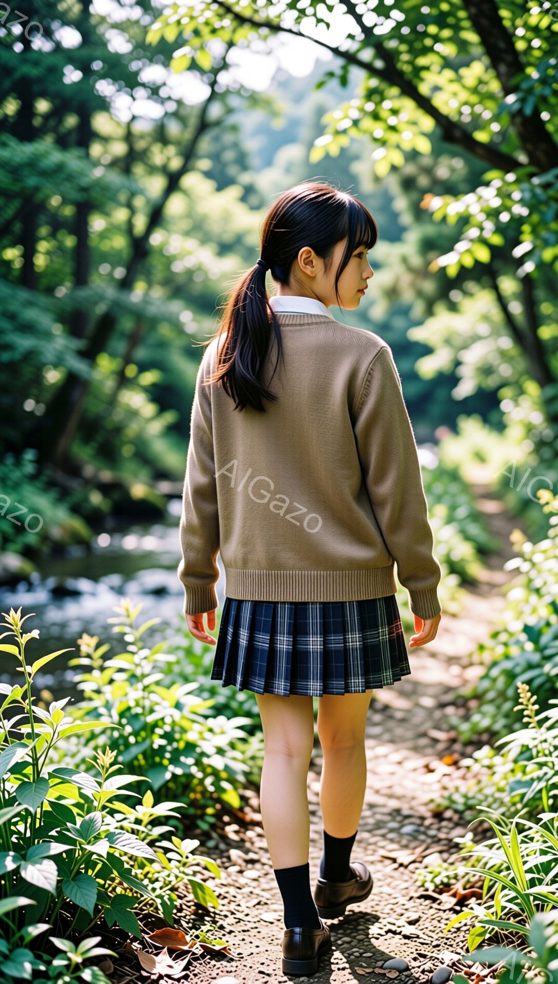 少女はチェック柄のスカートと茶色のカーディガンを着て、髪をポニーテールにしています。彼女は土の道を歩いており、後ろ姿からは少し寂しげな雰囲気が感じられます。背景には緑豊かな木々と小川があり、晴れた日の穏やかな自然の風景が広がっています。