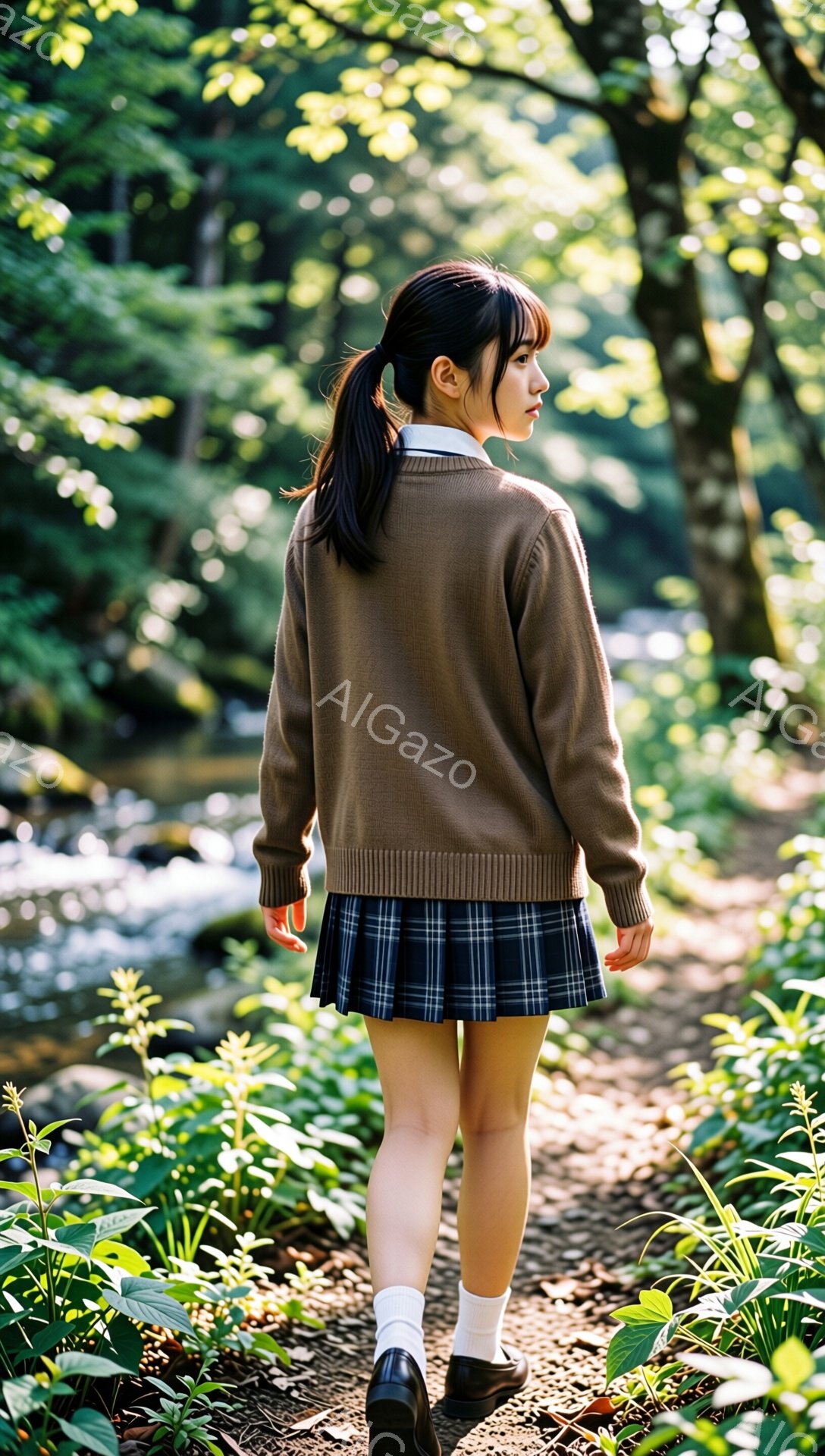 明るい緑に囲まれた道を行く女子高生が写っている。彼女は茶色のカーディガン、チェック柄のスカート、白いソックスと黒い靴を身につけ、髪をポニーテールにしている。背景には木々が生い茂り、光が差し込み、穏やか - AI生成フリー素材
