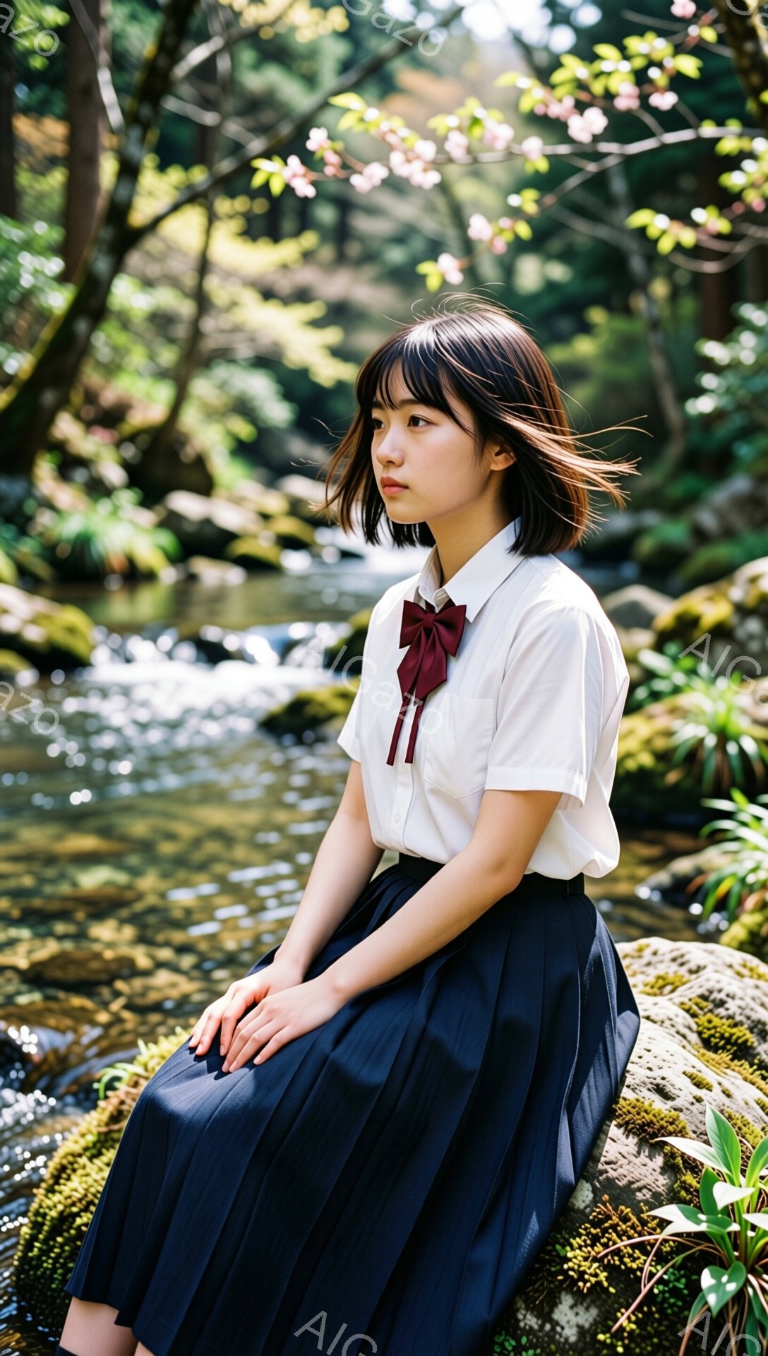画像は、制服を着た若い女性が小川のそばの岩の上に座っている様子を捉えています。彼女は白いシャツに黒いプリーツスカート、赤いリボンを着用し、少し物憂げな表情で遠くを見つめています。背景には緑豊かな植物と、ぼんやりと見える桜の木々があり、穏やかで静謐な雰囲気が漂っています。
