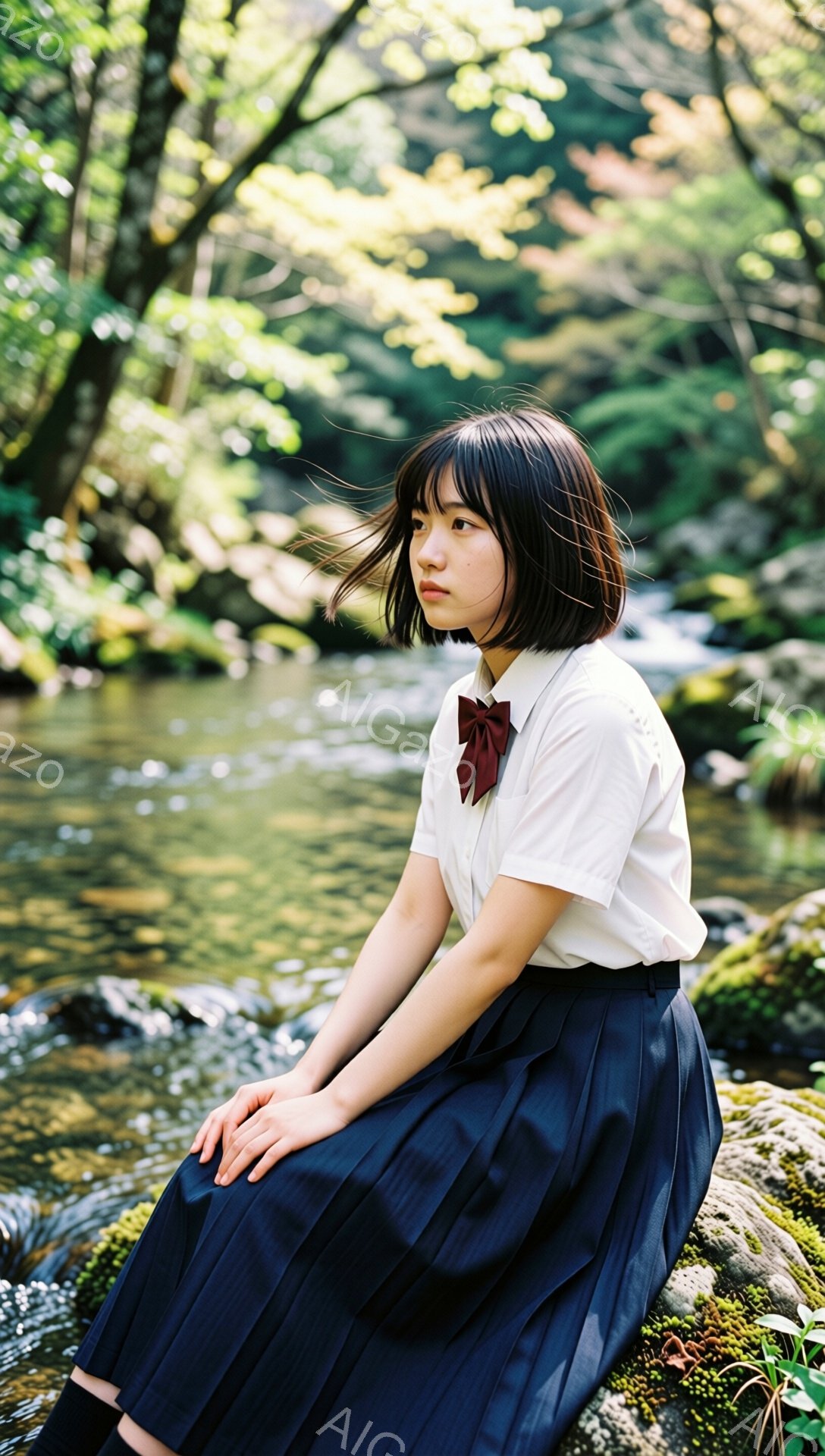 紺色のプリーツスカートと白いシャツを着た若い女性が、川沿いの岩の上に座っています。彼女は赤いリボンで結ばれたダークブラウンのショートボブヘアで、少し憂いのある表情で遠くを見つめています。背景には緑豊かな木々と、太陽の光が差し込む水面があり、穏やかで静謐な雰囲気を醸し出しています。