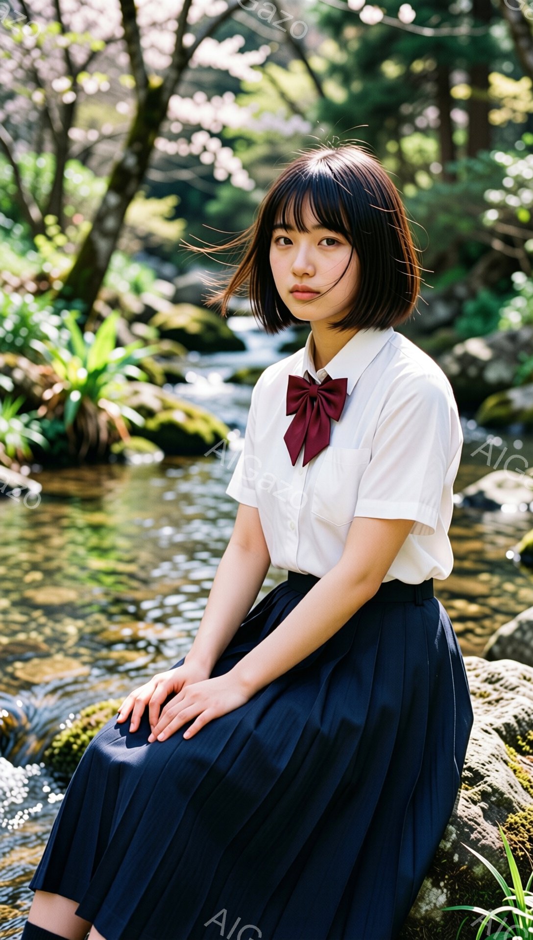 茶髪のショートヘアで、前髪を少し横に流した若い女性が写っている。白いシャツに紺色のプリーツスカート、赤いリボンを締め、膝を揃えて岩の上に座っている。背景には緑豊かな木々と水面がきらめく小川があり、春の穏やかな日差しが差し込み、静かで優しい雰囲気を醸し出している。