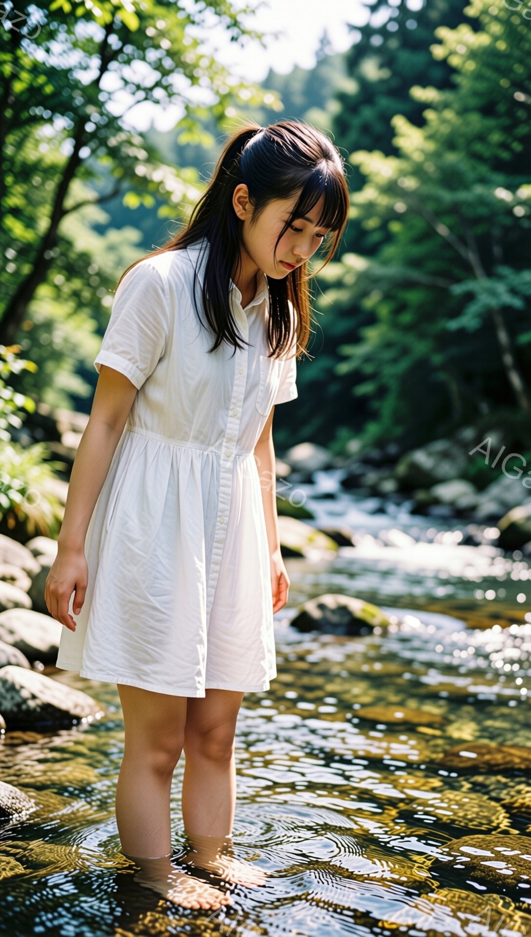 白い膝丈のワンピースを着た若い女性が、浅い川に足を浸しています。彼女は黒髪で、前髪が少しサイドに流れており、うつむき加減で川面を見つめています。背景は緑豊かな森林で、水面には太陽光が反射し、穏やかで静 - AI生成フリー素材