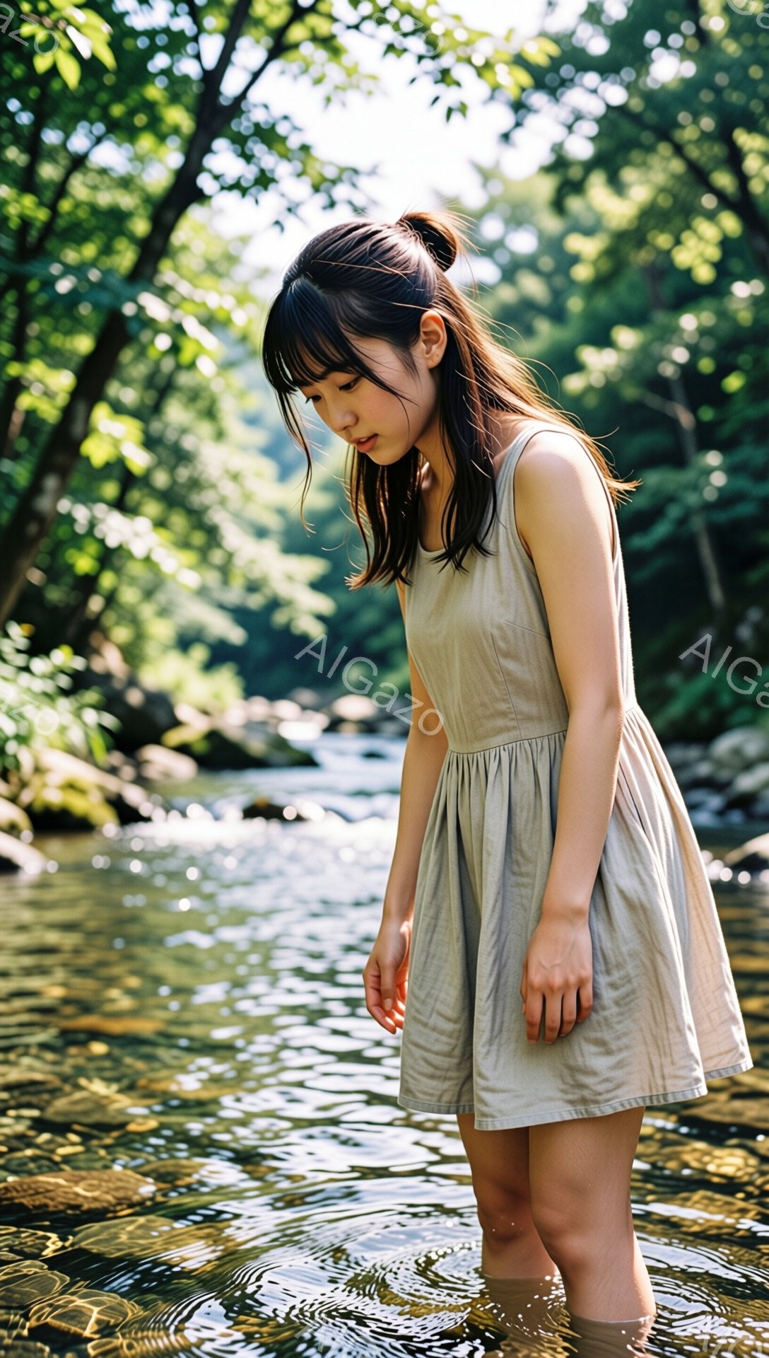 長い黒髪を無造作に垂らし、ベージュ色のゆったりとしたワンピースを着た若い女性が、膝まで水に浸かって立っている。女性はうつむき加減で何かを見つめており、静かで物憂げな表情をしている。背景には緑豊かな木々が生い茂り、水面には太陽の光が反射してキラキラと輝いており、穏やかで幻想的な雰囲気を醸し出している。