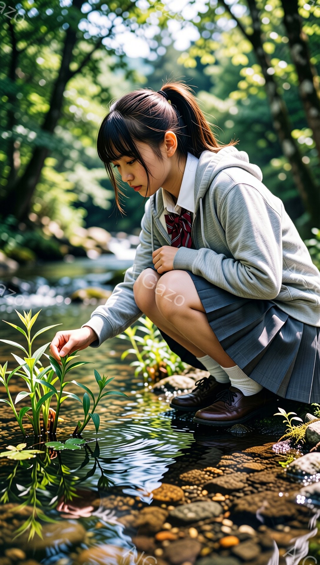 制服姿の女子学生が、水辺の草に手を伸ばしている。彼女はグレーのパーカーにチェックのスカート、黒い靴を履き、髪を後ろで一つに結んでいる。背景は緑豊かな木々で、水面に太陽の光が反射し、静かで穏やかな雰囲気を醸し出している。